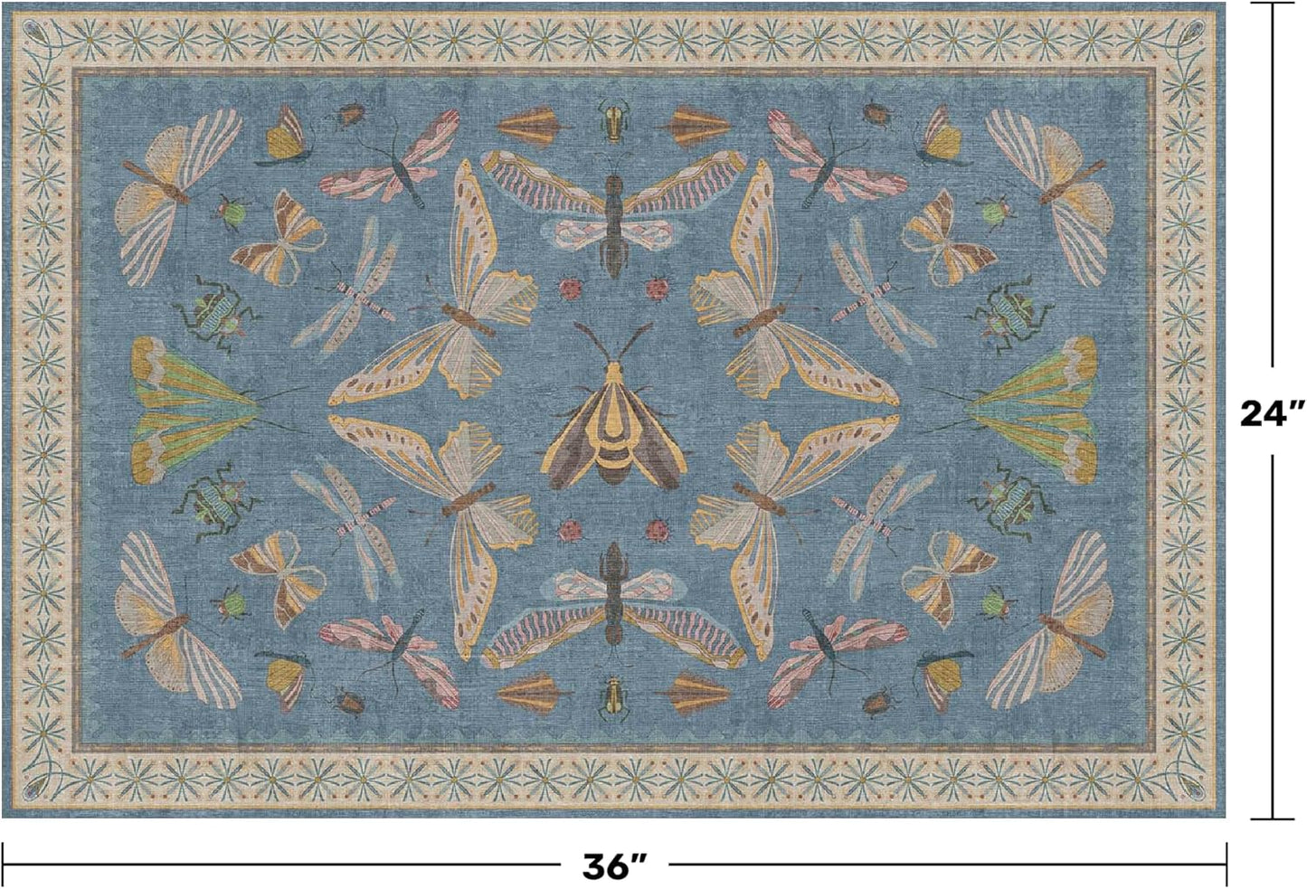 Blue 2x3 Washable Rug for Entryway Indoor, Kitchen Floor, Bathroom, Non Slip Low Pile Stain & Fade Resistant, Waterproof Insect Floral Decor