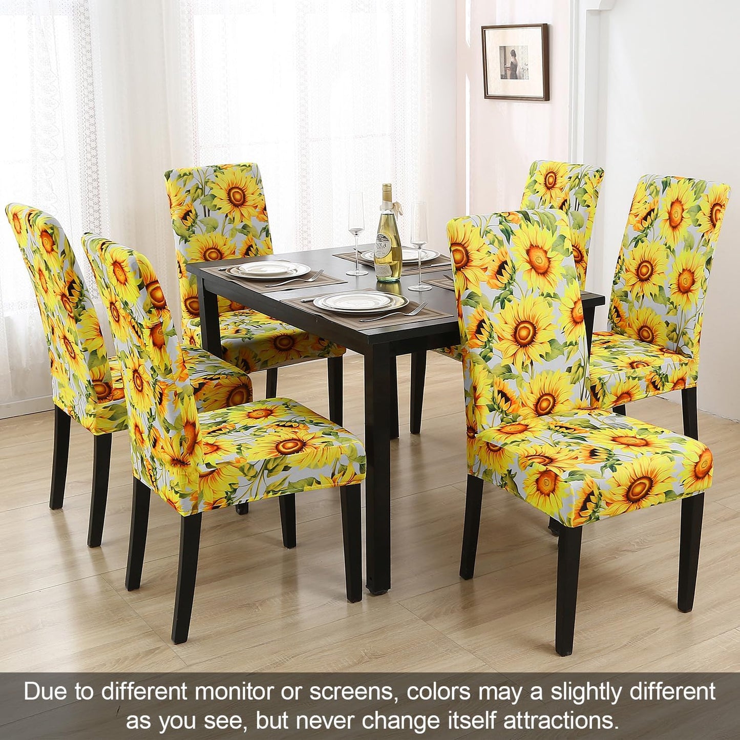 JQinHome Pattern Chair Covers for Dining Room Set of 6, High Stretch Removable Washable Parsons Chair Slipcover for Home Party Hotel Wedding Ceremony (Sunflower,6PCS)