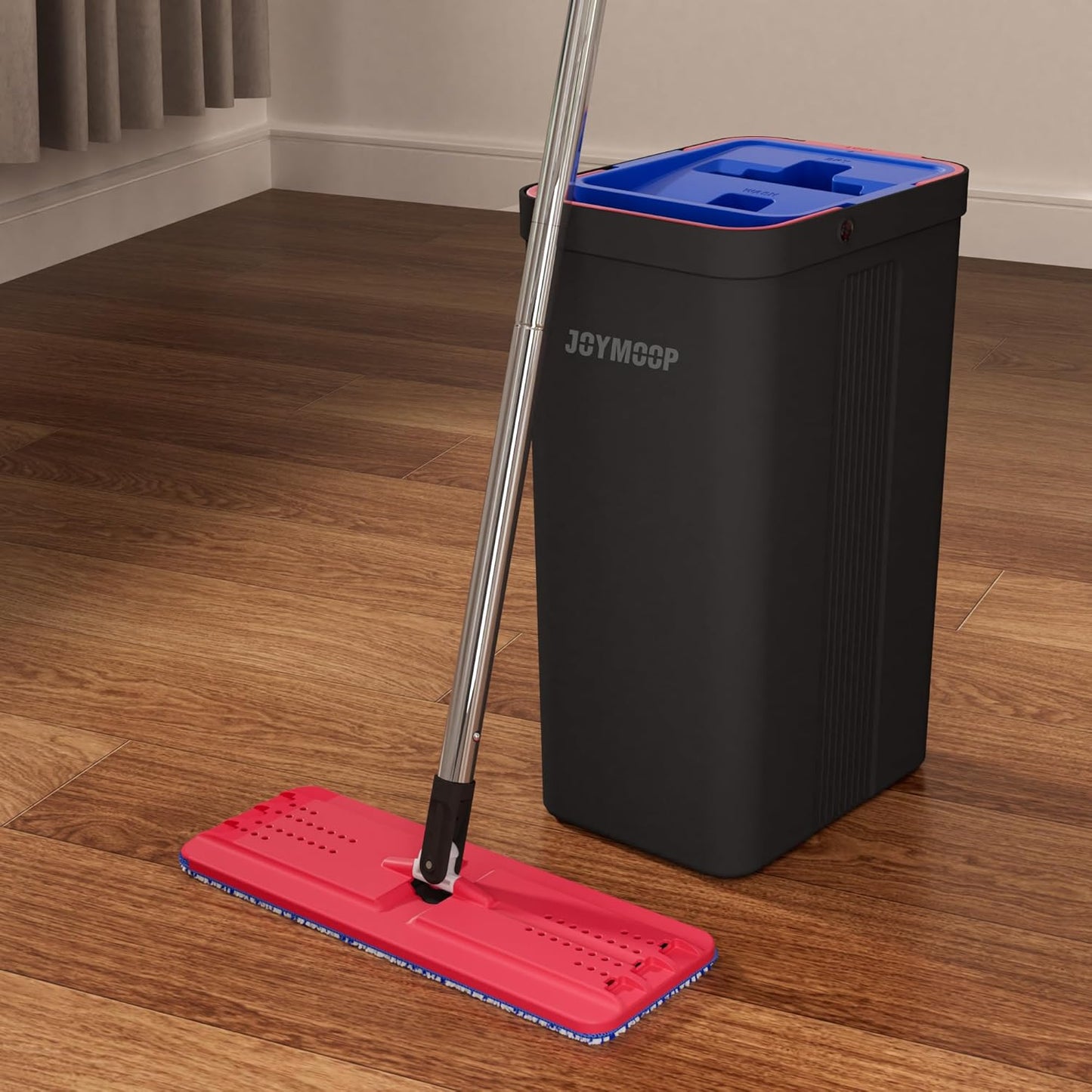 JOYMOOP Mop and Bucket with Wringer Set, Hands Free Flat Floor Mop and Bucket, with 6 Washable Microfiber Pads, Wet and Dry Use, Floor Cleaning System - Black+Red+Slate Blue