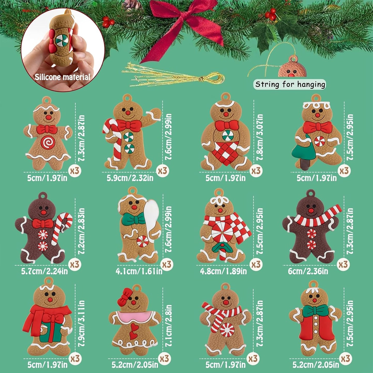 36pcs Gingerbread Man Ornaments for Christmas Tree, Assorted Gingerbread Figurines Ornaments, Christmas Tree Hanging Decorations, 3 Inch Tall