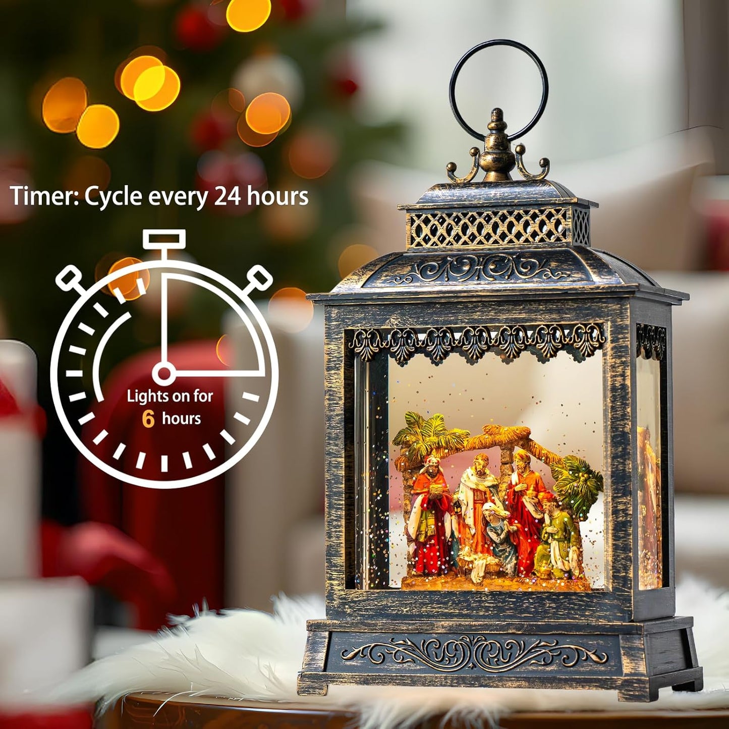Christmas Snow Globes Lantern Christmas Snow Globe with Music Nativity Scene,6H Timer,USB Lined/Battery Operated Lighted Lantern for Christmas Festival Decoration Gifts
