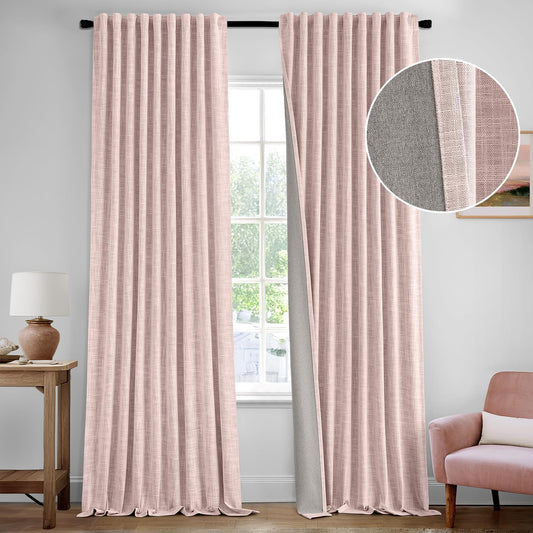 MIULEE Baby Pink 100% Blackout Linen Curtain 102 Inch 2 Panel Set Double Sided No Coating Pinch Pleated Back Tab Floor to Ceiling Black out Thermal Insulated Bedroom Living Room Darkening Window Drape