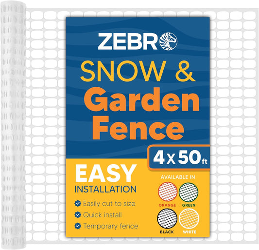 ZEBRO 4' x 50' White Plastic Garden Fence Roll – Light Duty Mesh Fencing for Temporary Fence, Snow, Garden Netting, Animal Barrier, Agricultural Fencing & Lawn Protection