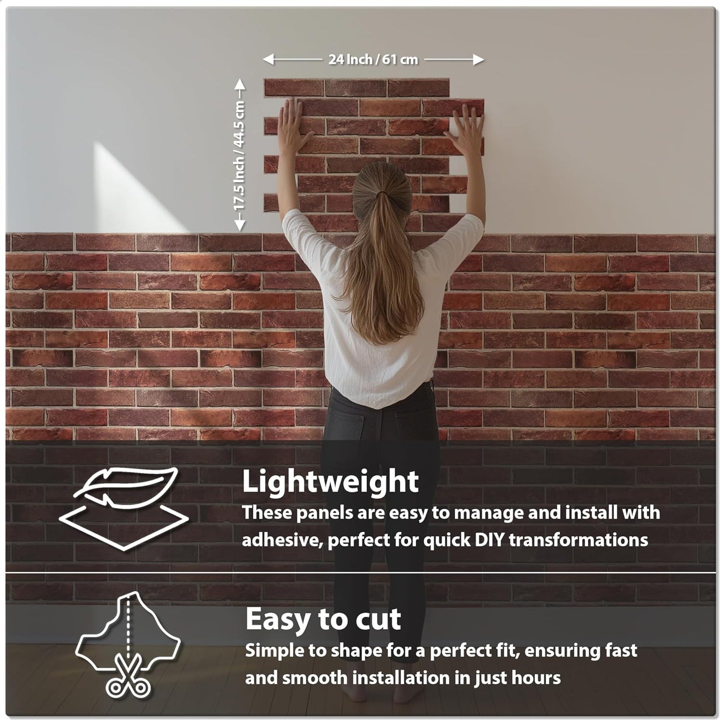 CONCORD WALLCOVERINGS ™ Retro-Art 3D Faux Brick Wall Panels - Pack of 10, 17.5" x 23.75", Red PVC, Covers 28.86 sq.ft., Model 570TG,3D Thin Brick Veneers, Realistic Stone Texture