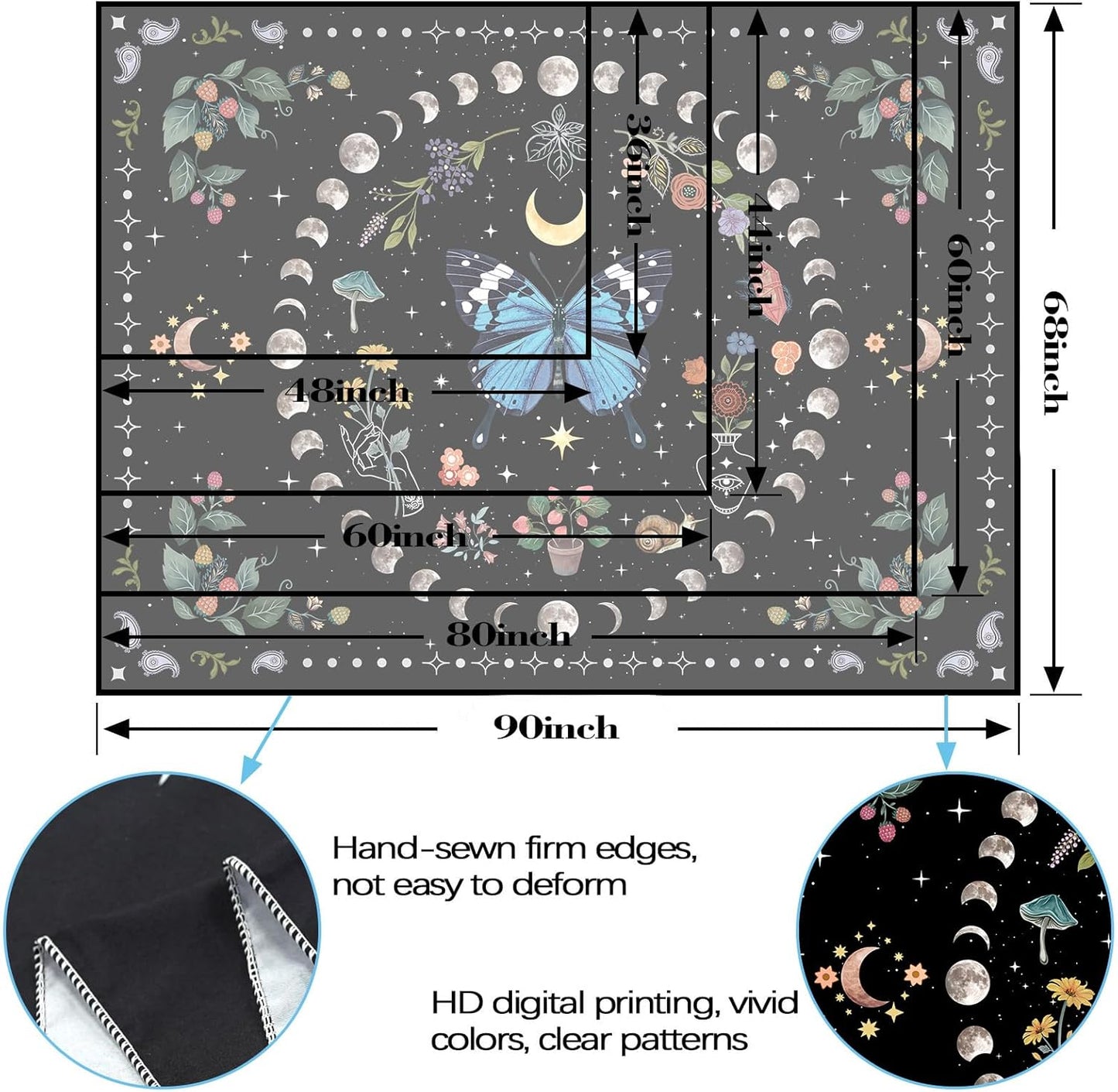 Aipon Blue Butterfly Moon Flower Tapestry for Bedroom and Living Room, 68.00" x 90.00", Boho, Botanical, Floral, Vintage