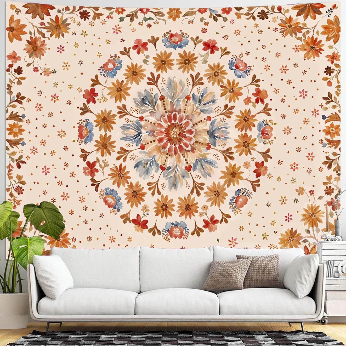 Boho Floral Mandala Tapestry Wall Hanging Watercolor Bohemian Flower Medallion Tapestry Aesthetic Beige Orange Hippie Indian Extra Large Tapestries for Bedroom Living Room Dorm Decor 90 x 68 Inch
