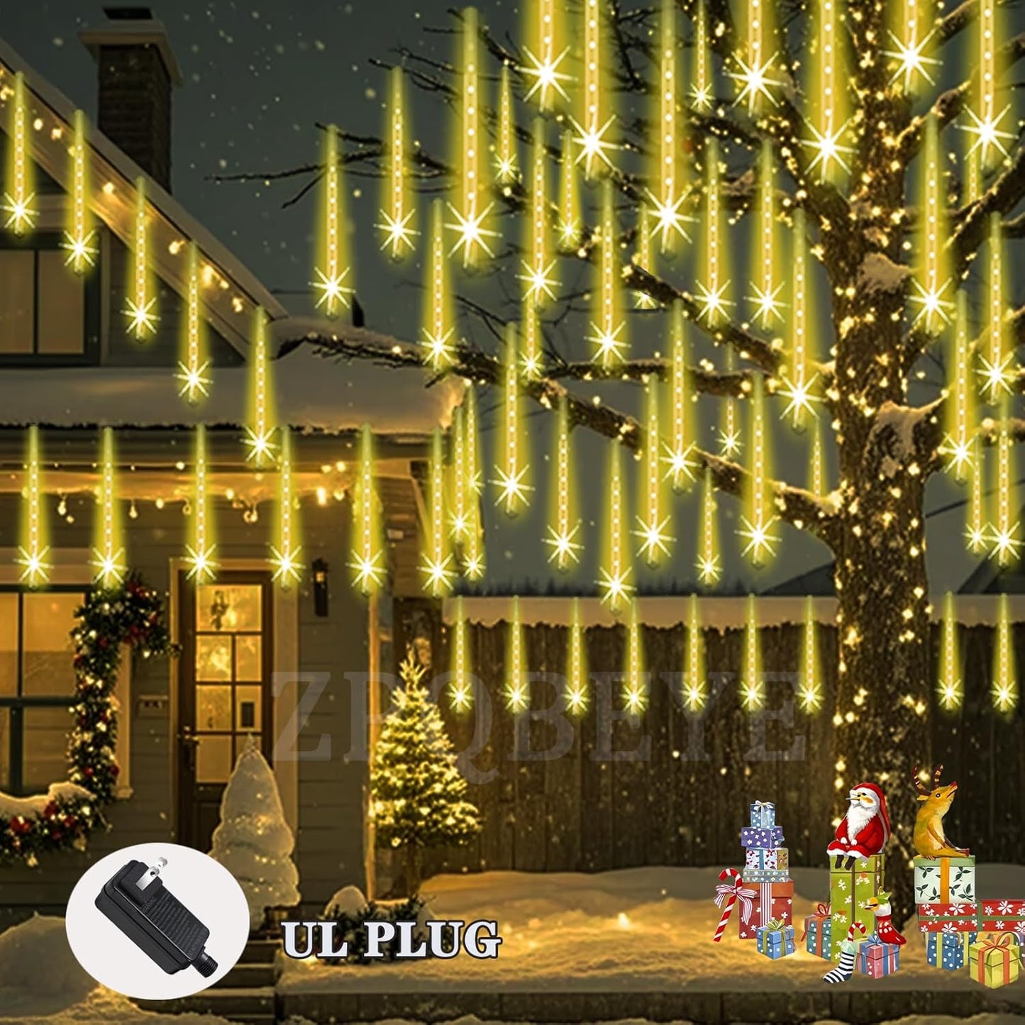 Outdoor Meteor Shower Christmas Lights 24-Tube 576LEDs Shooting Star Waterfall Meteor Shower Falling Rain Light for Christmas Tree Decorations Wedding Party Holiday Garden, UL Plug Warm White