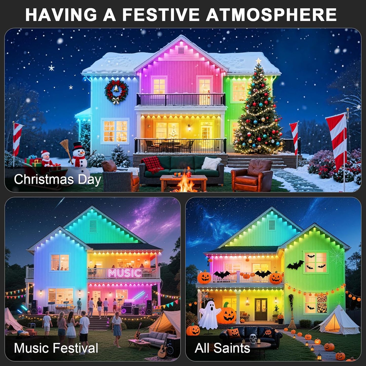 150FT Permanent Outdoor RGB Lights - Waterproof Smart LED Eaves Lights with App/Remote Control, Music Sync & DIY Scenes, Perfect for Christmas, Halloween, Parties & Daily Decor, Ideal for House Roof
