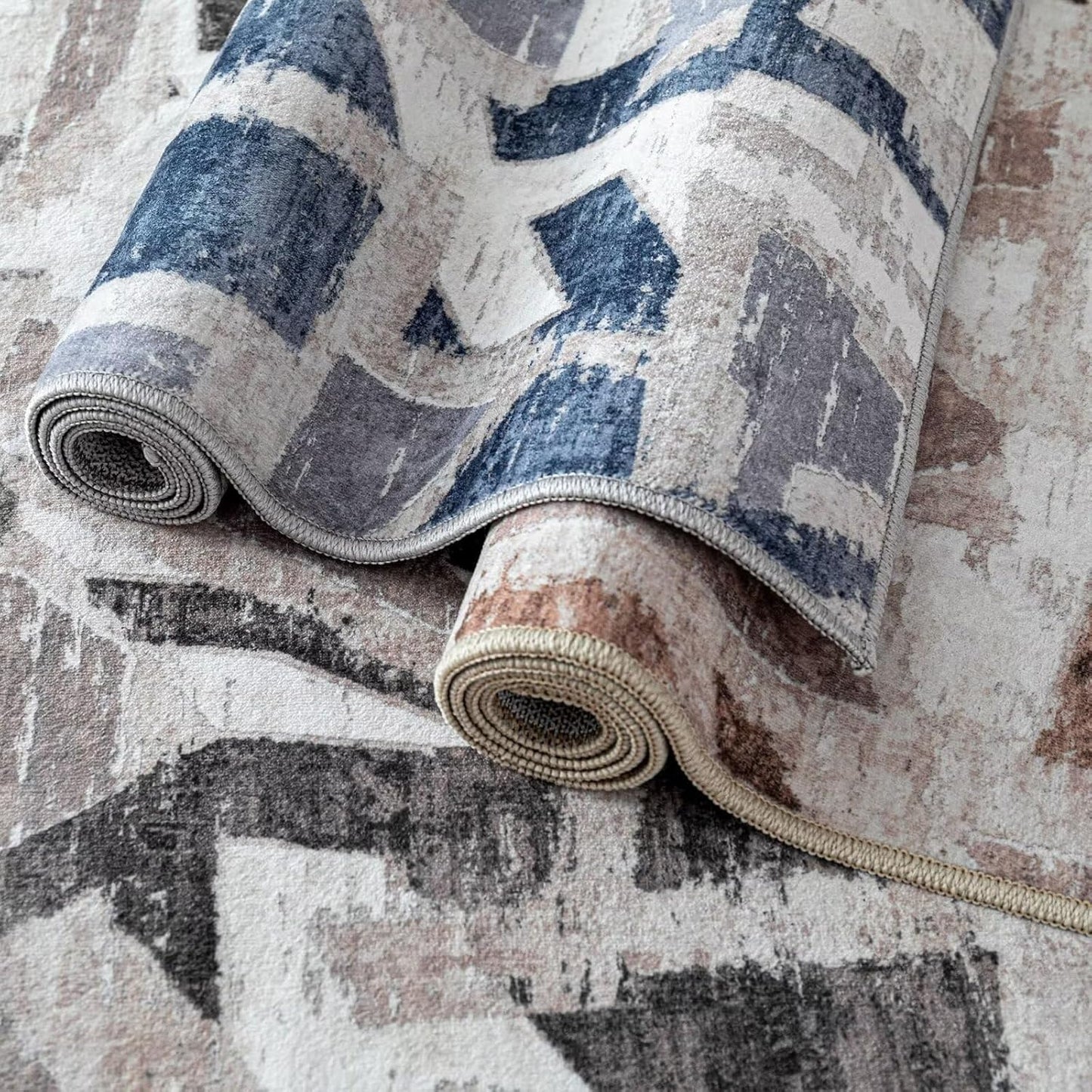 Modern Abstract 5X7 Area Rug for Living Room Bedroom Washable, with Non-Slip Rubber Backing Print Faux Wool Thin, Grey Throw Large Carpet for Kids Playroom Dining Room Pet & Child Friendly