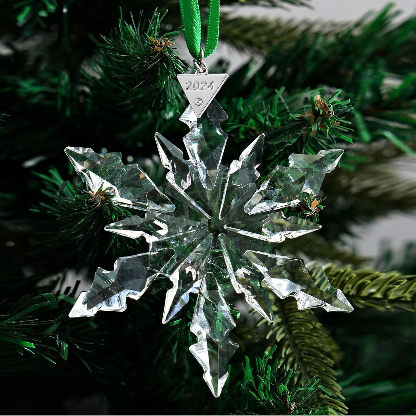 2024 Annual Christmas Ornaments Snowflake Star Clear White Faceted Crystal with Tone Metal Accents and Rayon Ribbon-New Year Christmas Tree Ornaments Crystal Sun Catcher Home Hanging Decor