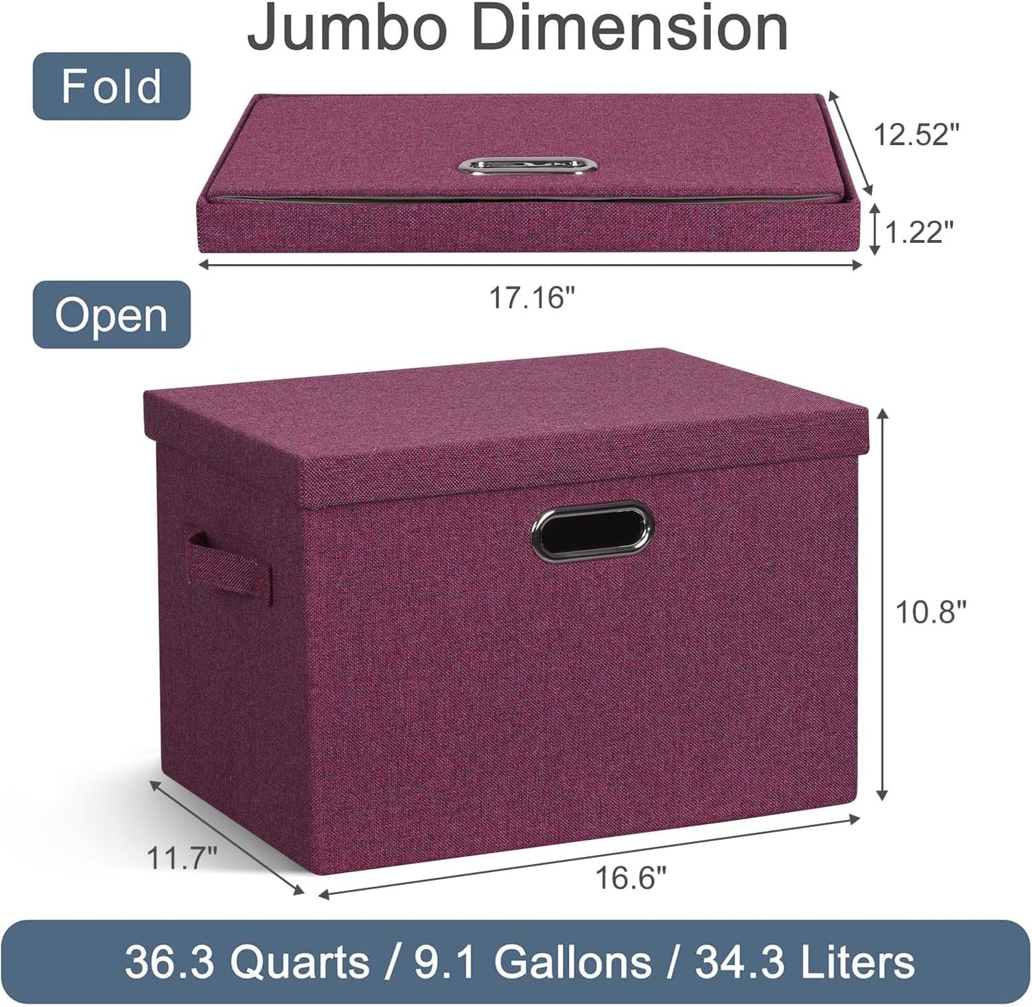 Large 17" 36 Quart Collapsible Stackable Storage Bins with Lids, 3 Packs Purple Linen Fabric Closet Boxes with Lids, Storage Cube Baskets Container Organizers for Bedroom Office (17x12x11)