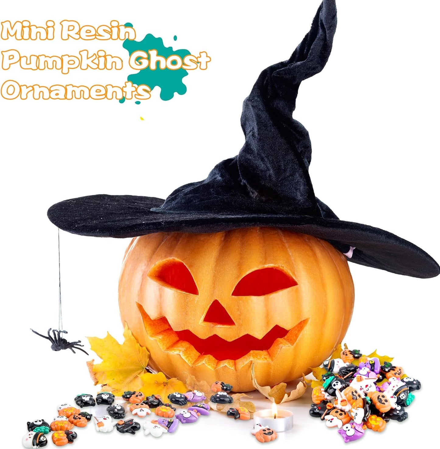 65 Pcs Mini Halloween Figurines Bulk Miniatures Resin Pumpkin Ghost Candy Hat Halloween Garden DIY Accessories for Halloween Decoration Goodie Bags Stuffers, 10 Styles