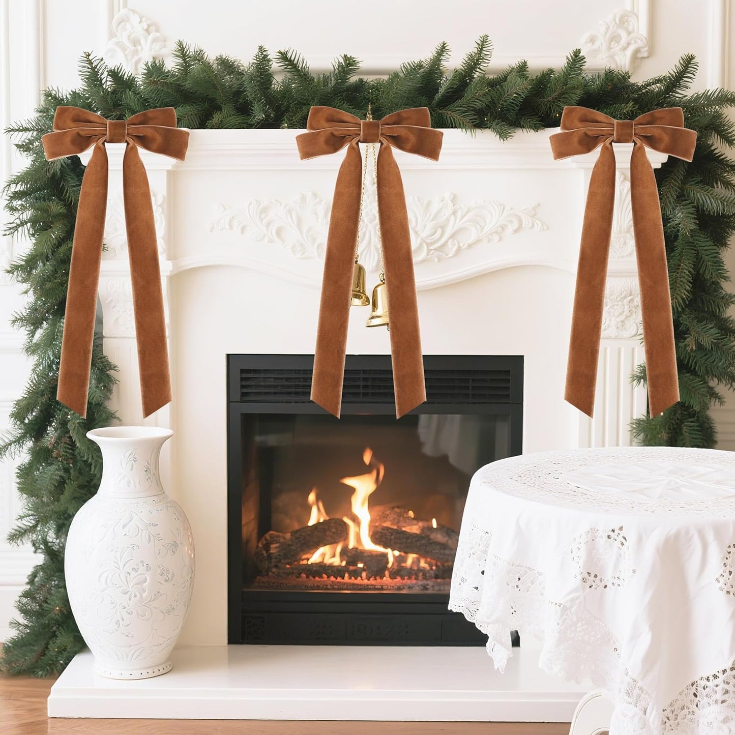 Senjie Velvet Large Christmas Bows for Staircase Garland Wreath, 20in x 8in Vintage Ribbon Bows with Twist Tie for Xmas Tree Holiday Indoor Outdoor Decorations (6Pcs, Light Brown)