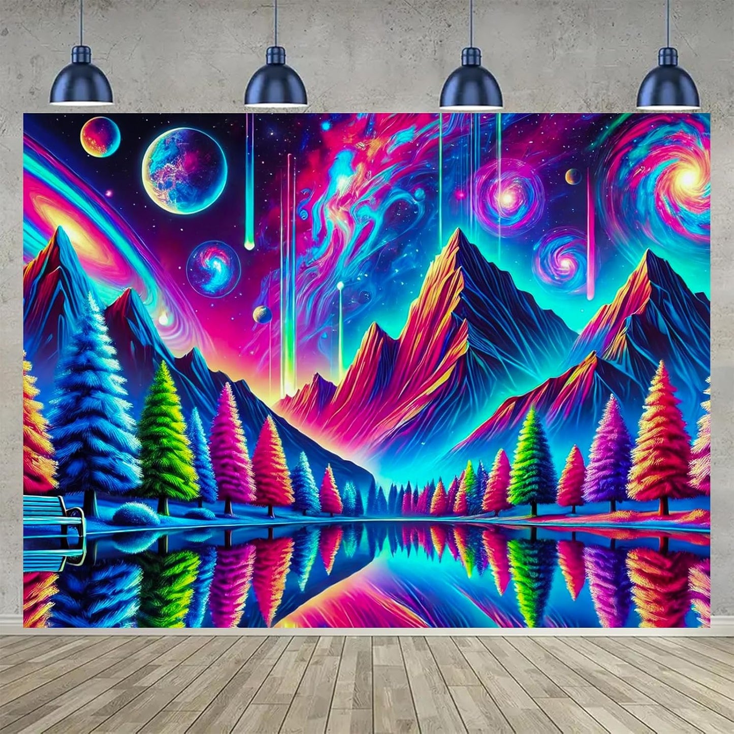 BlissYard Alien Galaxy Reflection UV Black Light Tapestry 78x59 Inches Art Color Neon Light Background Bedroom Living Room Wall Party Decoration Trippy Cosmic Trees Planet Lake Mountain View
