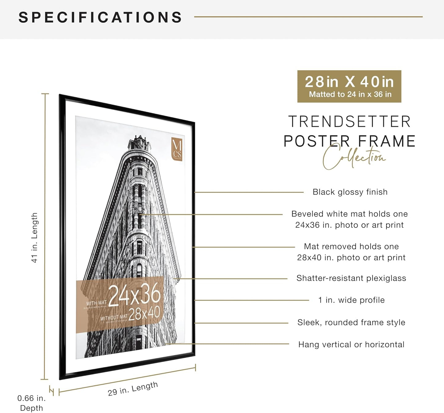 MCS Trendsetter 28x40 Matted Poster Frame with 24x36 Picture Display, Black Vertical & Horizontal Wall Hanging Large Picture Frame for Photos & Posters (1-Pack)