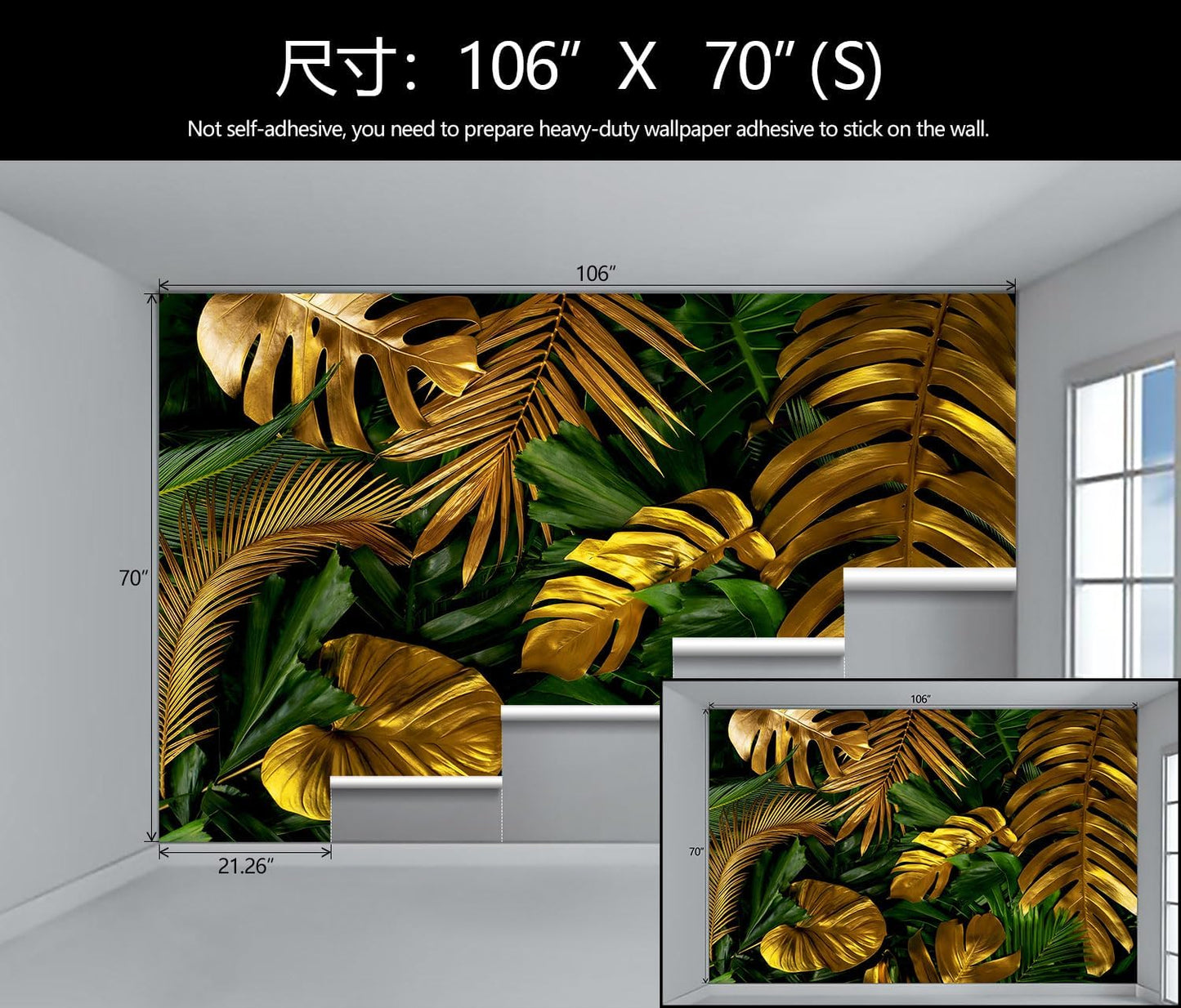 WFBHUA-Gold and Green Tropical Jungle Palm Leaf Wallpaper Mural Monstera Wall Mural for Living Room Bedroom (Not Peel and Stick)
