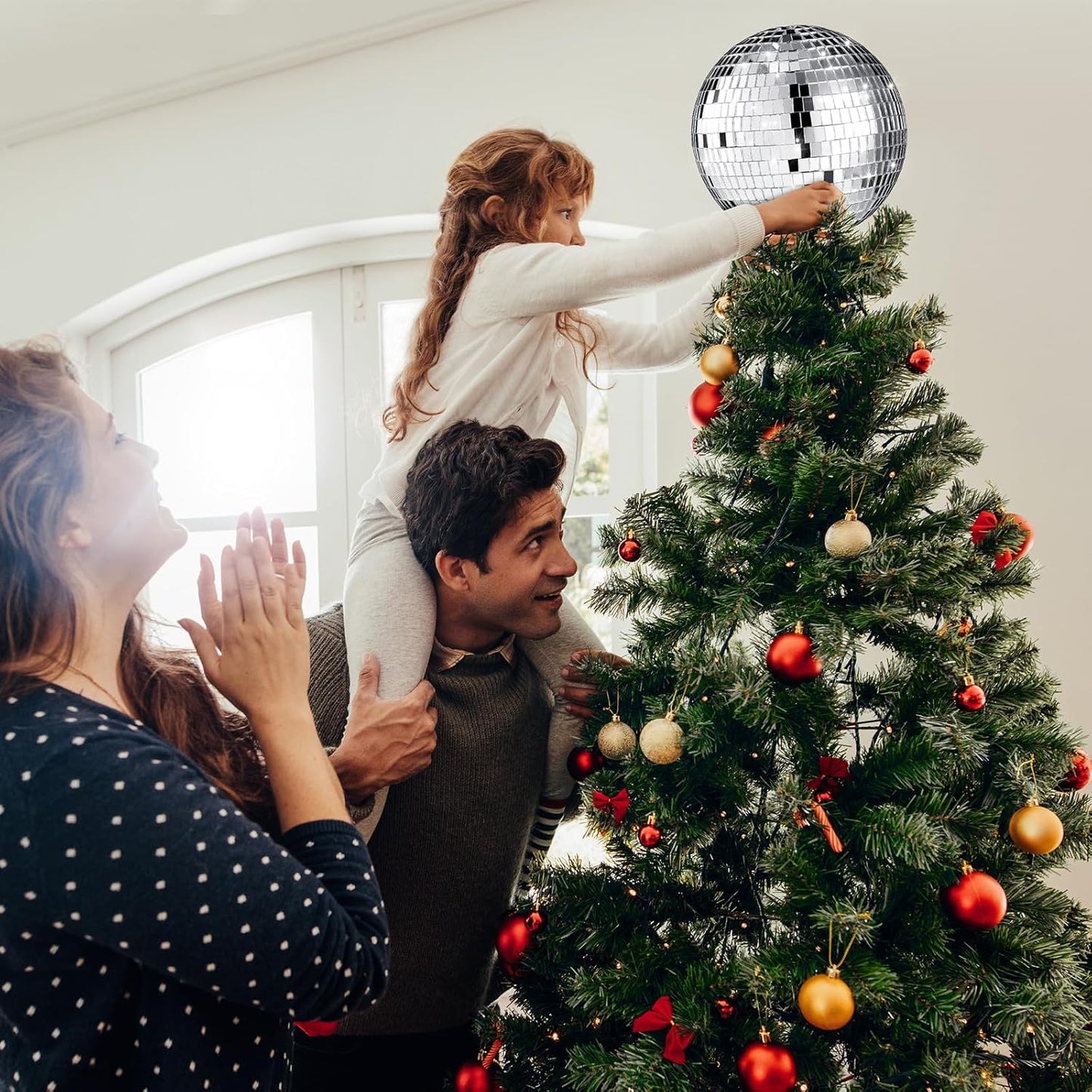 Retisee 8'' Disco Ball Christmas Tree Topper Disco Mirror Ball Xmas Tree Topper 3D Hollow Silver Decor Ornament for 70s Holiday Wedding Birthday Party Decorations