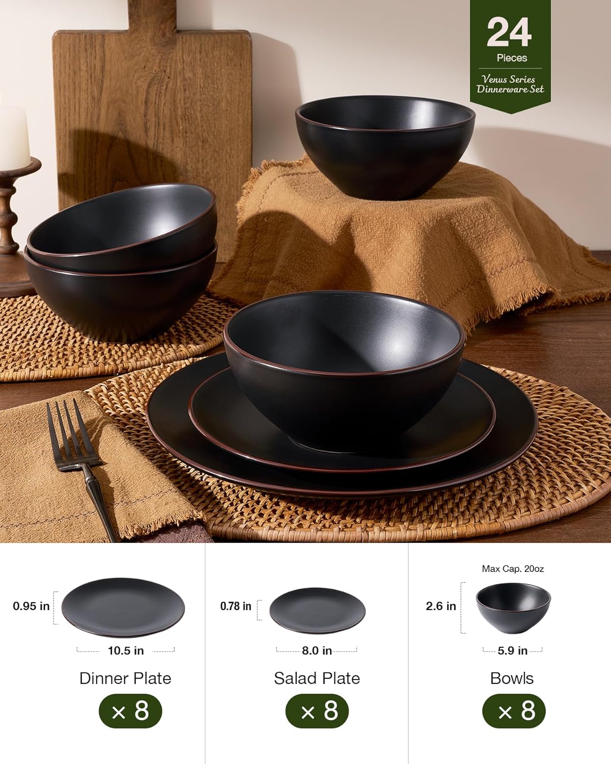 Famiware Venus Ceramic Plates and Bowls Sets, Dinnerware Dish Sets for 8 (24 Pieces) - Microwave and Dishwasher Safe, Matte Black