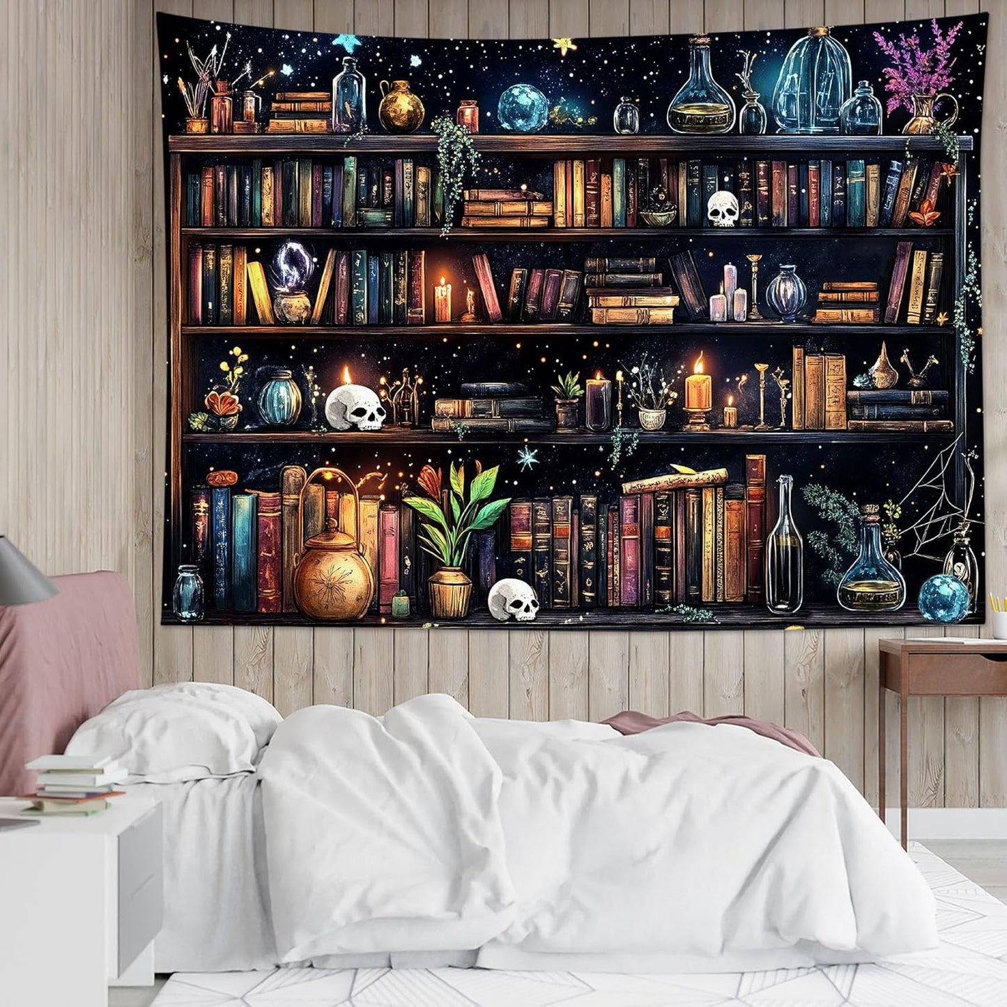 HVEST Magic Bookshelf Tapestry Vintage Bookshelf Witchy Books Plant Skull Gothic Halloween Tapestry Wall Hanging Starry Sky Wall Decor for Bedroom Living Room Dorm, 40L x 60W Inches