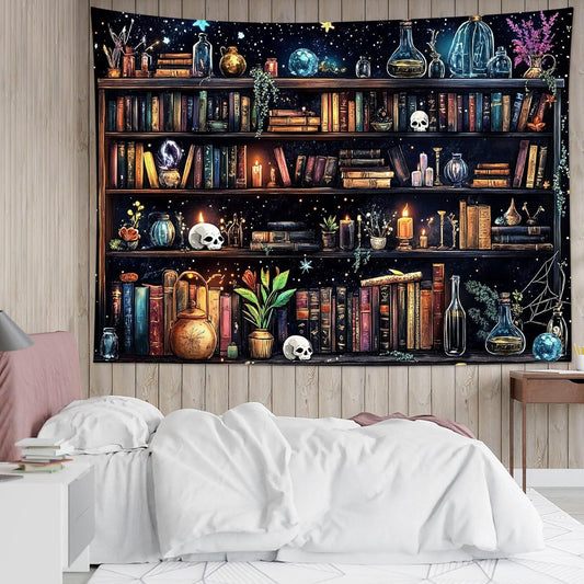 HVEST Magic Bookshelf Tapestry Vintage Bookshelf Witchy Books Plant Skull Gothic Halloween Tapestry Wall Hanging Starry Sky Wall Decor for Bedroom Living Room Dorm, 40L x 60W Inches