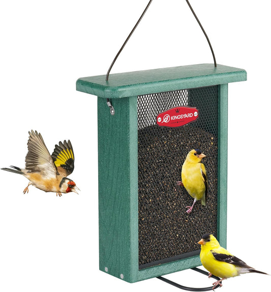 Kingsyard Metal Mesh Bird Feeder for Outdoors Hanging, Finch Feeder for Nyjer/Thistle, Sliding Mesh & Built-in Perch, Recycled Plastic, Green