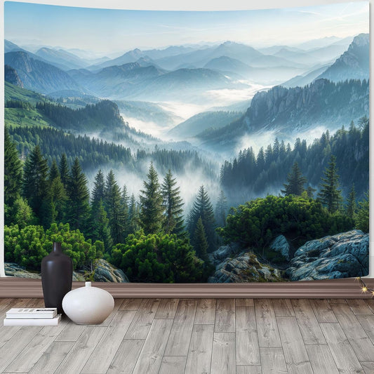 AMM Nature Forest Mountain Tapestry Green Misty Pine Tree Tapestry for Bedroom Aesthetic Foggy Woodlands Sky Landscape Tapestries Wall Hanging for Living Room Dorm 48 x 36 Inch