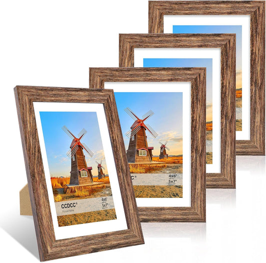5x7 Picture Frame Set of 4, 5 x 7 Wood Photo Frames with Mat for 4x6, Natural Wooden Frame with Real Glass Cover for Wall and Tabletop Display,Rustic Brown