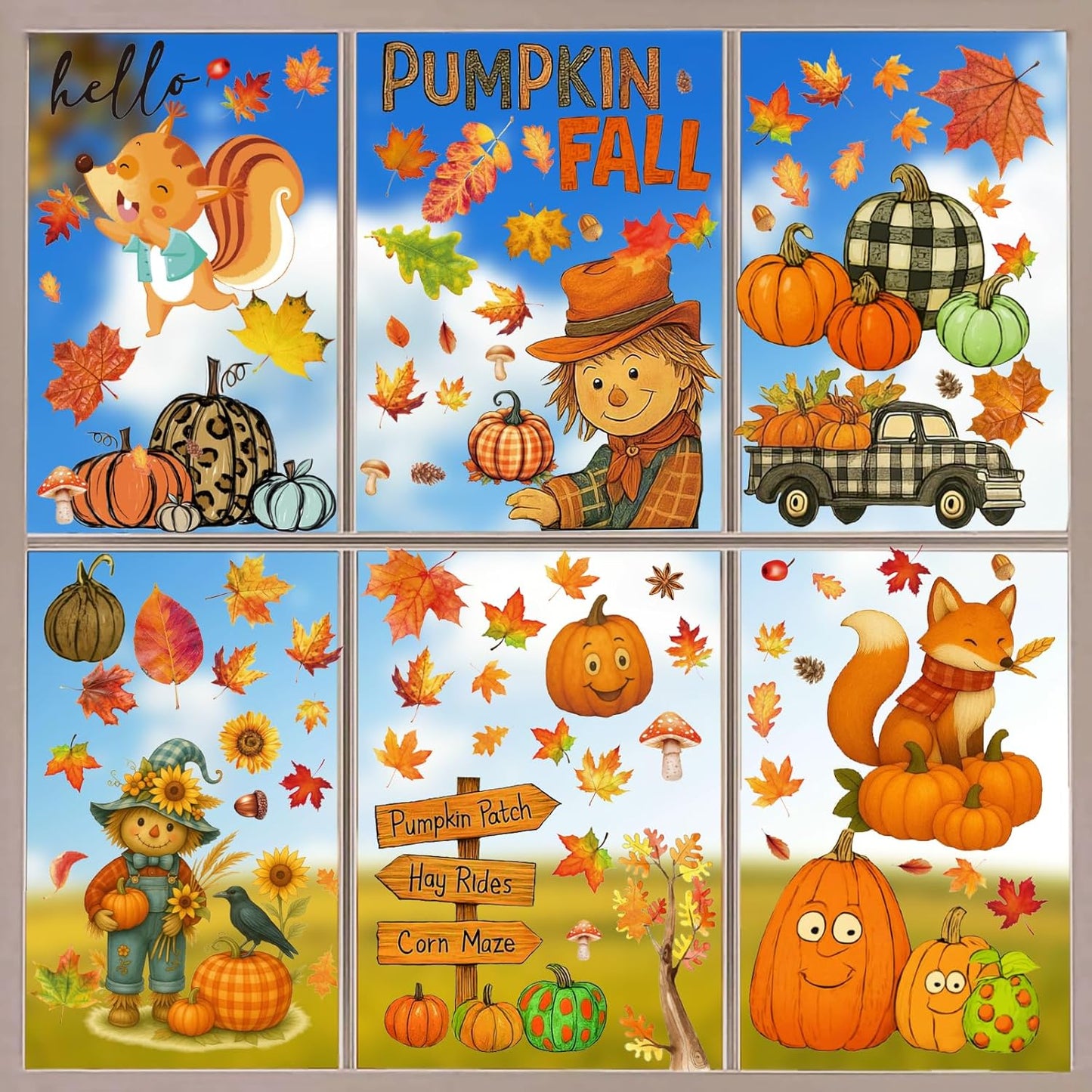 DC-BEAUTIFUL 153 Pcs Fall Window Clings, 12 Sheets Double Sided Autumn Pumpkin Scarecrow Maple Leaf Glass Stickers, Reusable Static Thanksgiving Window Decals Party Decors for Home Office School Shop