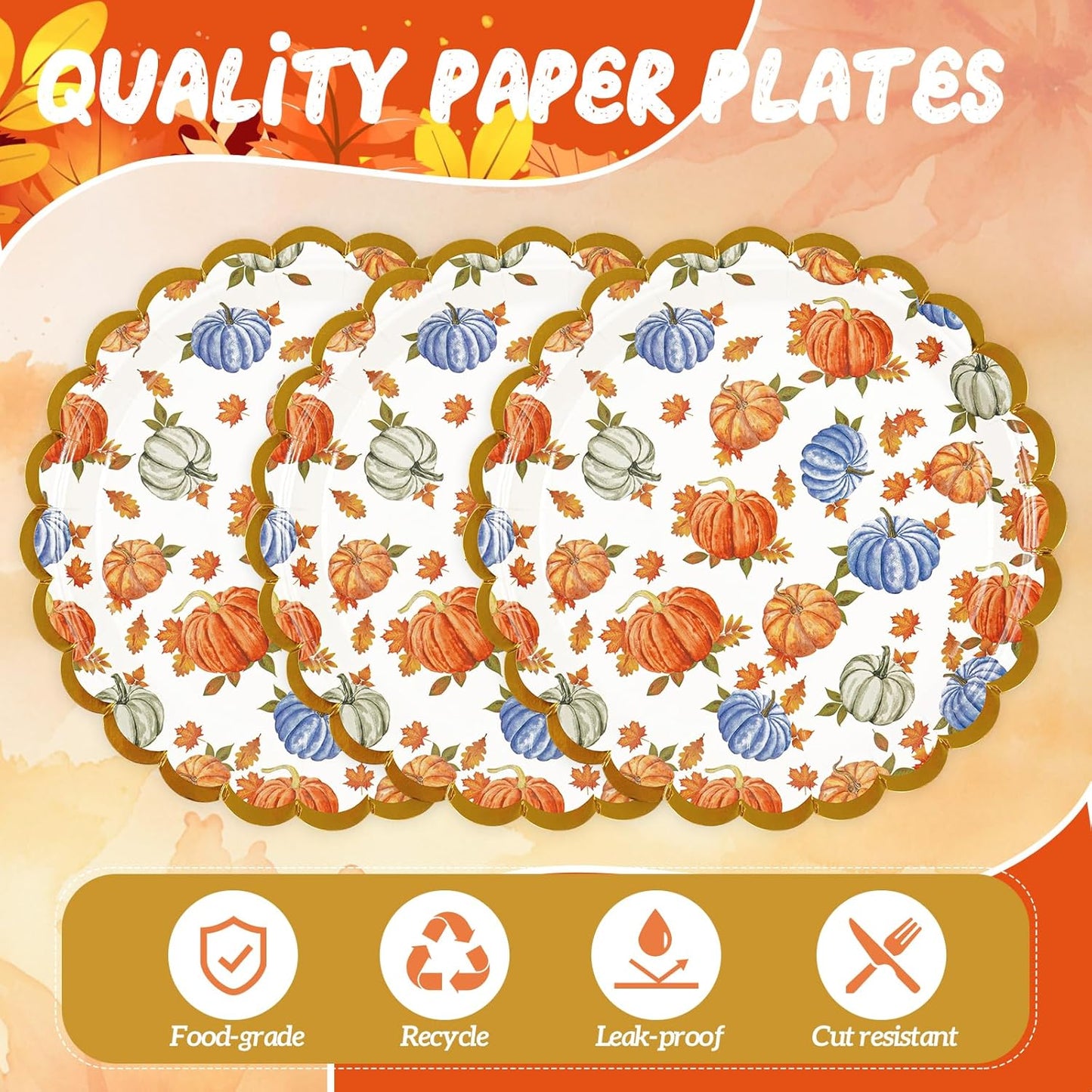 50 Pack Fall Pumpkins Paper Plates, 7inch Thanksgiving Dessert Plates Scalloped Foiled Edge Autumn Leaves Party Supplies for Harvest Friendsgiving Birthday Baby Showers Wedding Decorations