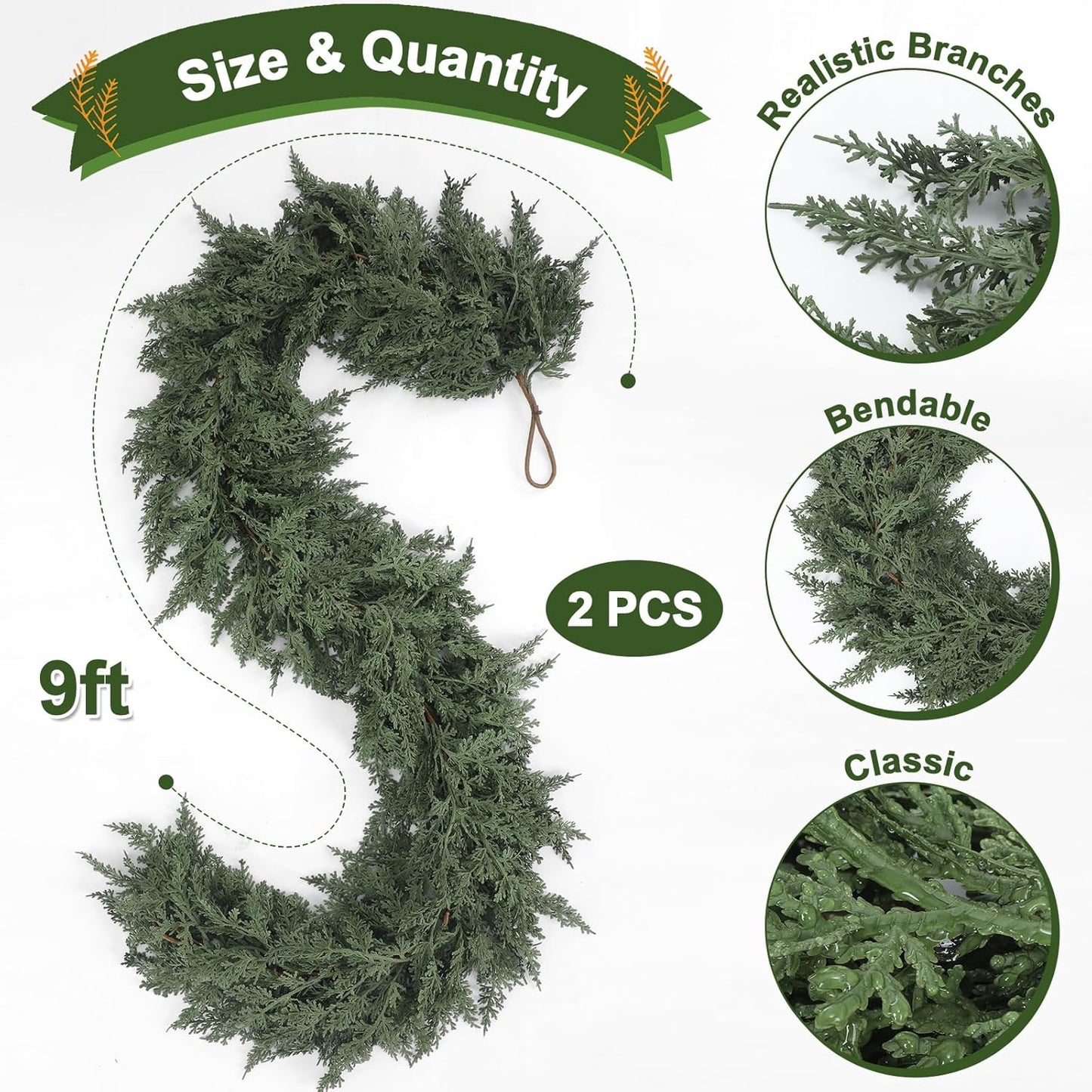 Jutom 2 PCS 9 ft Christmas Cedar Garland - Artificial Realistic Holiday Cedar Pine Needles Greenery Garland Decoration for Mantel Table Winter Party