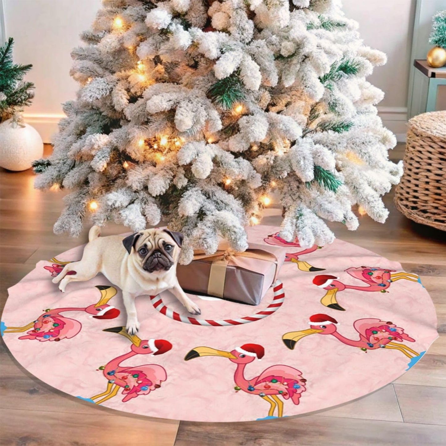 36" Large Christmas Tree Skirt, Christmas Decorated Flamingo Pattern Tree Mat Base Cover for Xmas Festive Holiday Party Decoration Ornaments