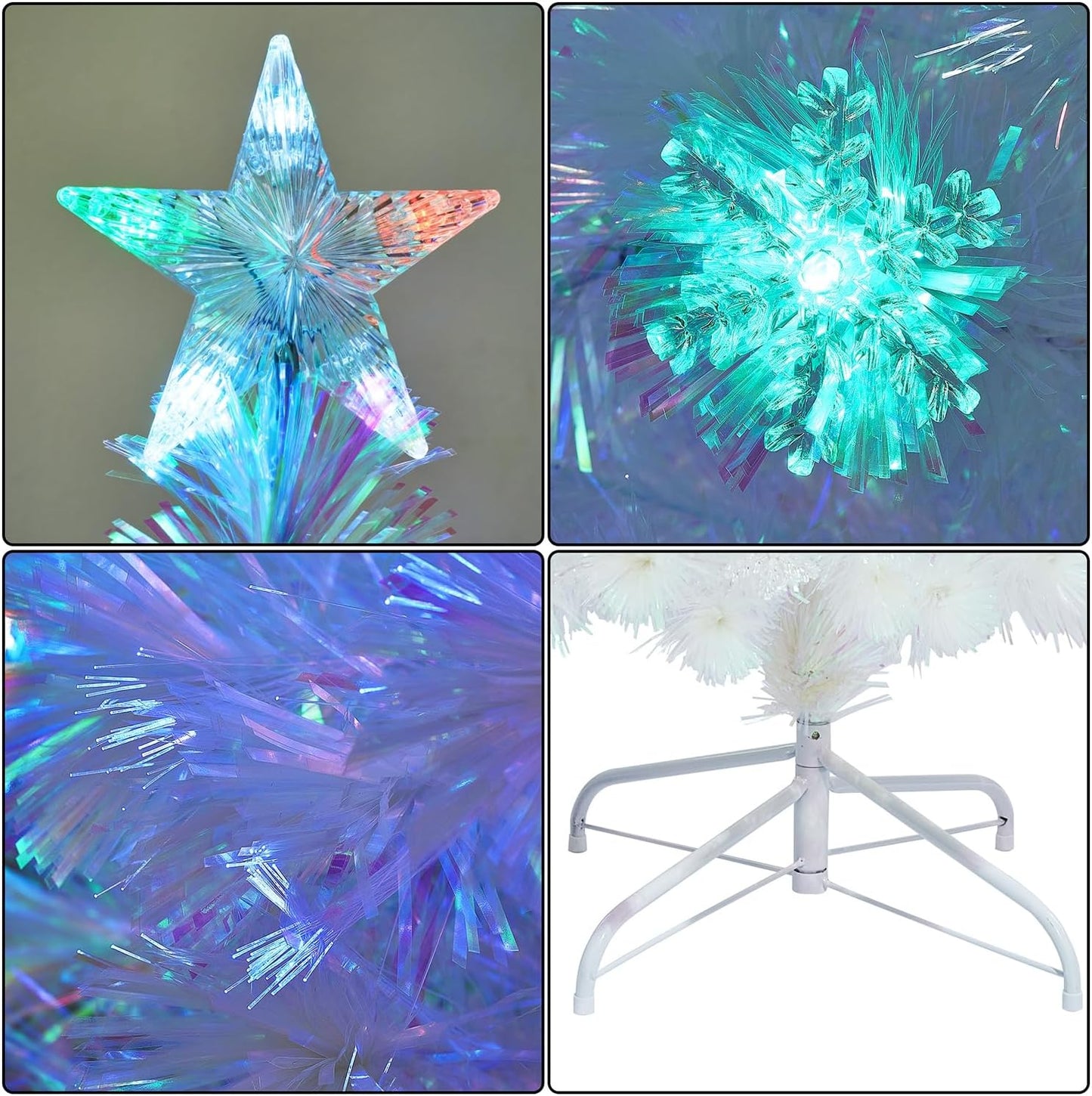 Juegoal 4ft Pre-Lit Artificial Christmas Tree, Lighted Optical Fiber Xmas Trees with Color Changing LED Lights, Snowflakes & Top Star, Party Home Holiday Fake Multicolored Tree with Metal Legs, White