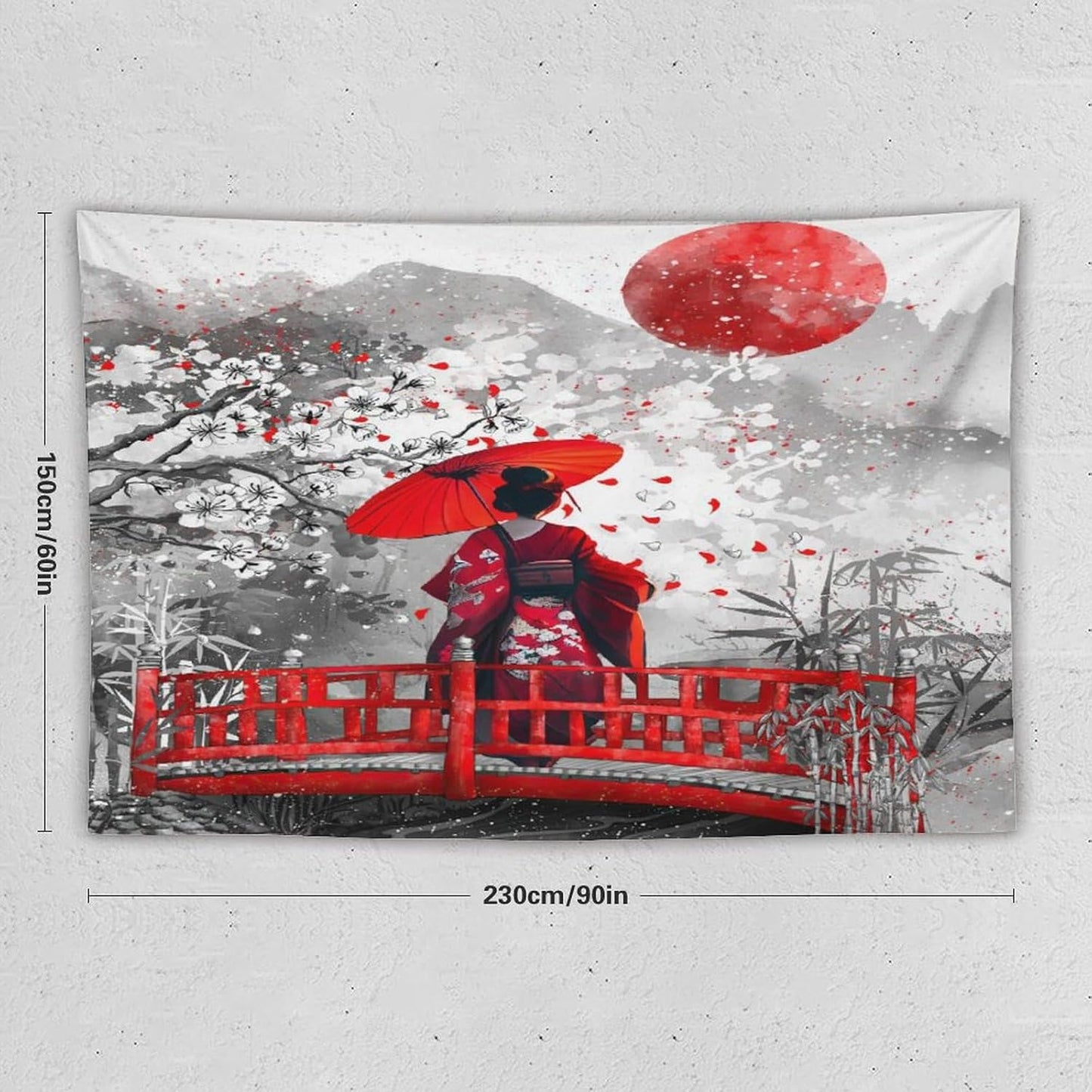 Japanese Red Geisha Tapestry Asian Cherry Blossom Red Sun Traditional Kimono Folk Tapestries Home Decor for Living Room Bedroom Apartment Farmhouse Dorm 90"x60"