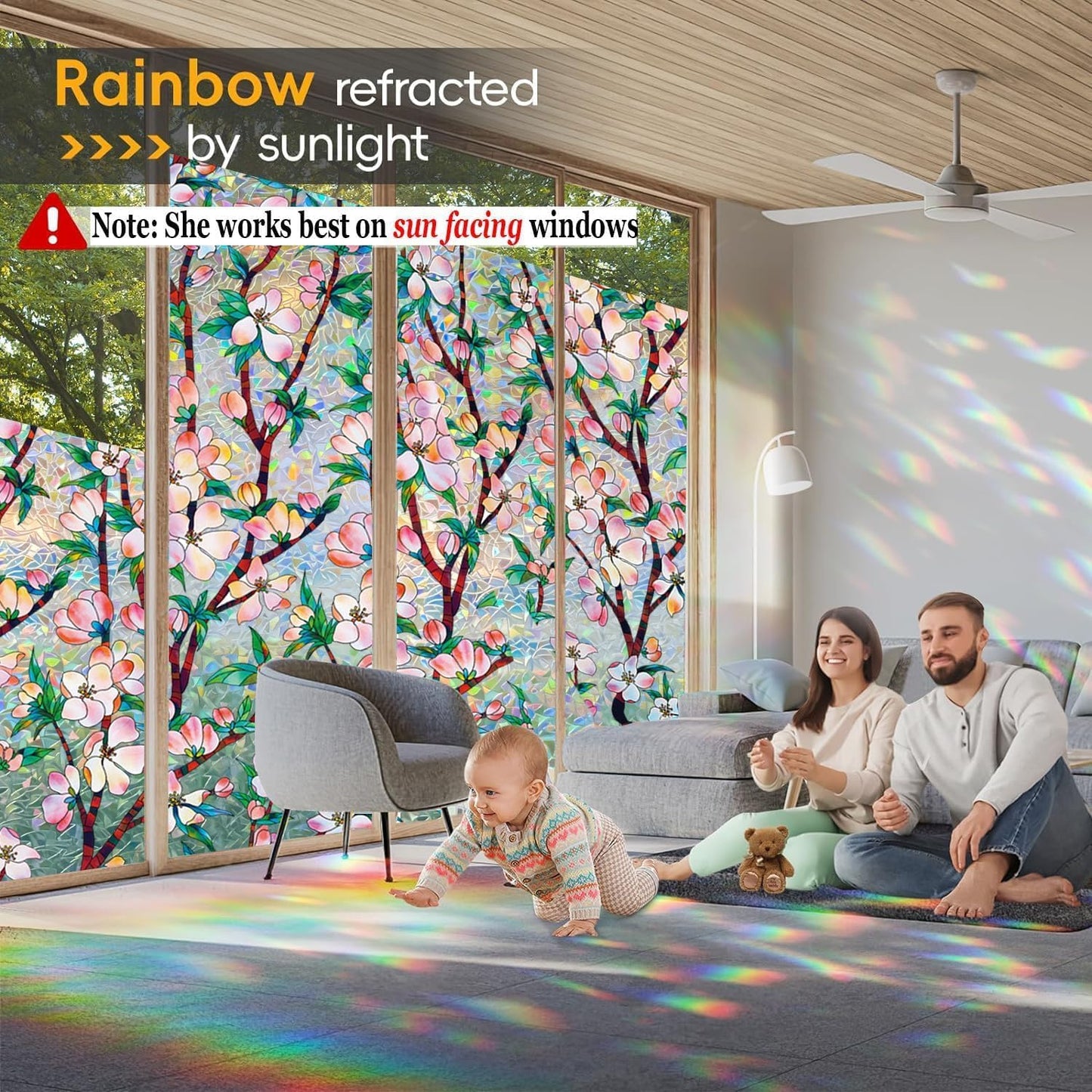 Rainbow Window Privacy Film Decorative, 3D Decals Stained Glass Clings, Static Cling Sticker, Suncatcher Windows Cover Tint for Home, 29.5 Inch x 157.4 Inch
