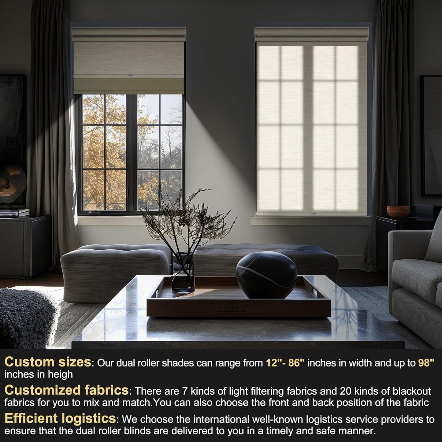 BERISSA Cordless Dual Roller Shades with Cassette Valance,Double Window Shades Blackout and Light Filtering Shades,Day and Night Roller Shades for Home Office Door.Striped Jacquard Beige.46 W x 72" H