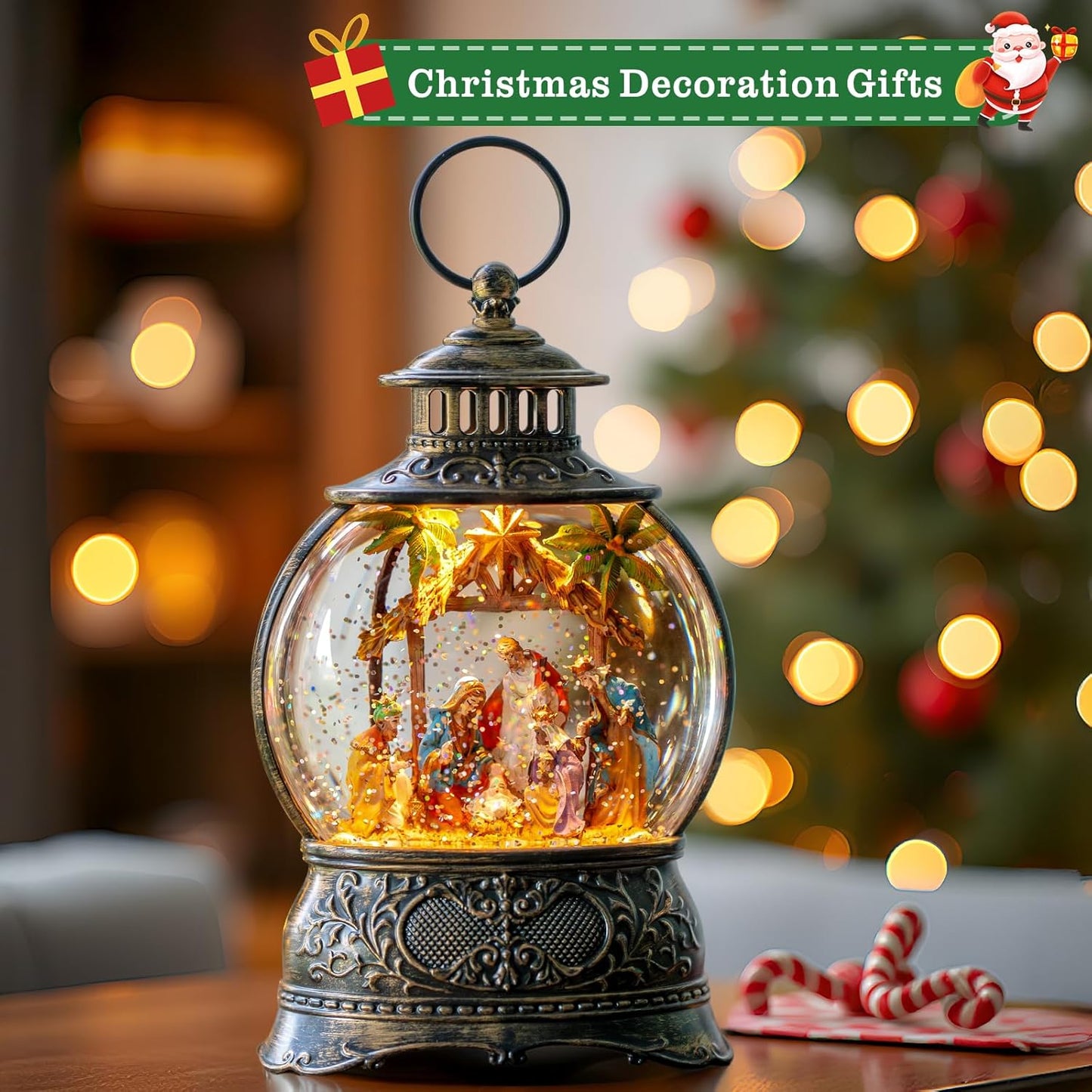 Christmas Snow Globes Lantern Christmas Snow Globe with Music Holy Family Nativity Scene,6H Timer,USB Lined/Battery Operated Lighted Lantern for Christmas Festival Decoration Gifts