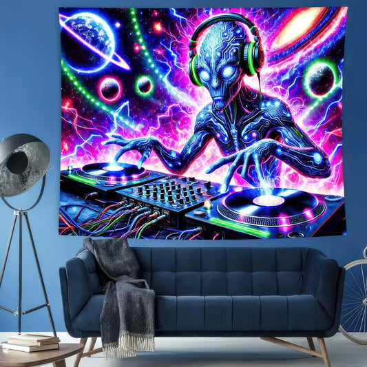 BlissYard Blacklight Cool Alien Tapestry UV Reactive Tapestry 78x59 Inch Black Light Galaxy Planet Tapestry Glowing Tapestry Large Neon Tapestry Wall Hanging for Home Living Room Bedroom Decor