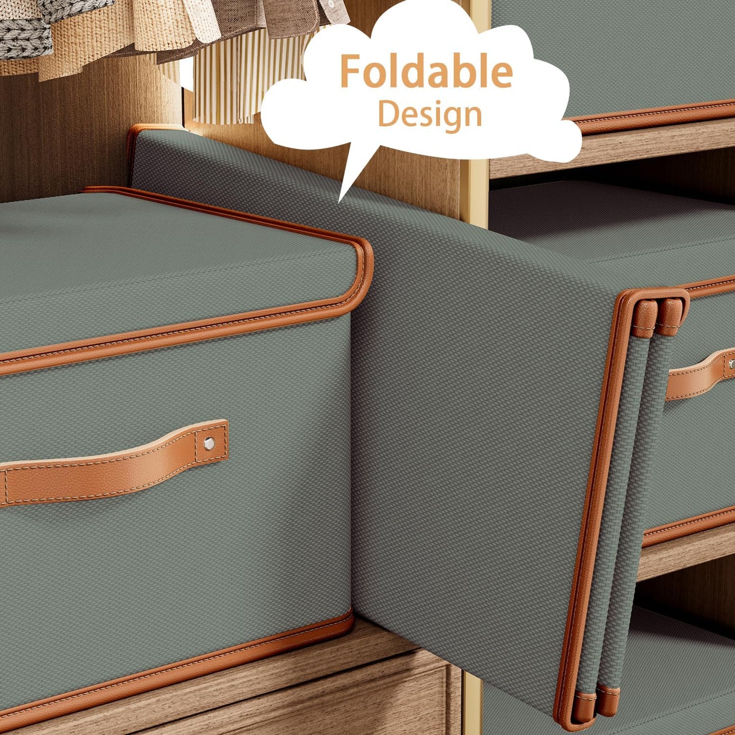 Tuza 2 Pack Storage Bins with Lids, Collapsible Closet Organizer Container, Fabric Organizer Box with Handles, Decorative Storage Boxes with Lids for Organizing Clothes, Blanket, Grey, Medium