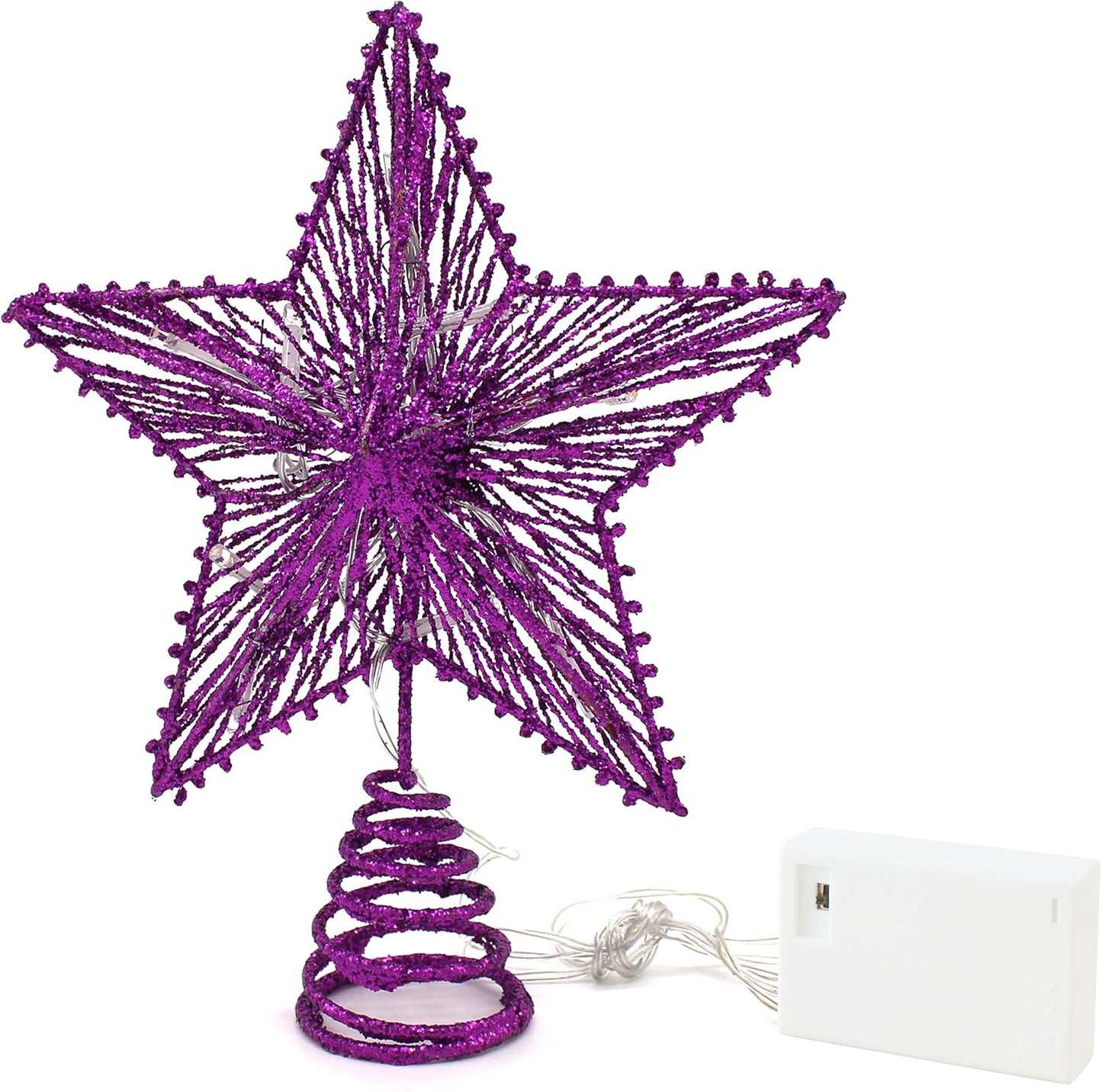 CVHOMEDECO. Violet Glittered 3D Tree Top Star with Warm White LED Lights and Timer for Christmas Tree Decoration and Holiday Seasonal Décor, 8 x 10 Inch
