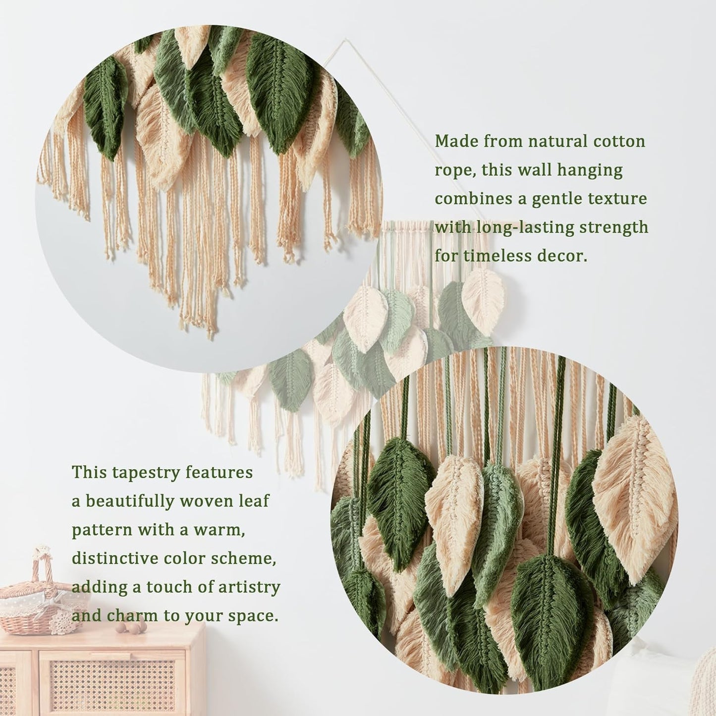 Macrame Wall Hanging Boho Wall Tapestry Handmade Woven Leaf Wall Decor Crochet Wall Art for Home Office Apartment (Green, 51.2" W x 34.3" L)