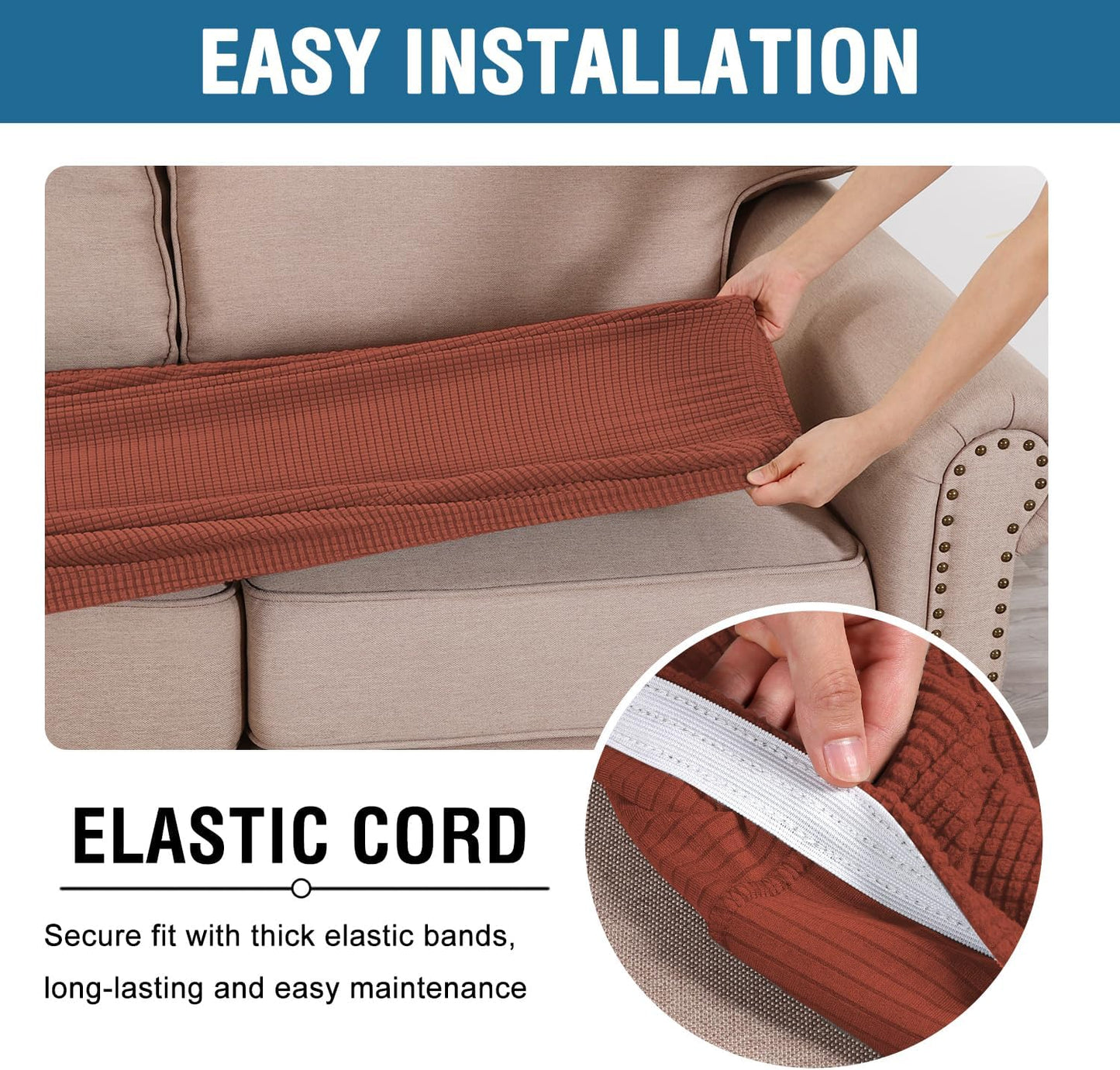 H.VERSAILTEX Super Stretch Individual Seat Cushion Covers Sofa Covers Couch Cushion Covers Slipcover Sets Thick Jacquard Textured Twill Fabric (1 Piece Loveseat Cushion Cover, Rust)