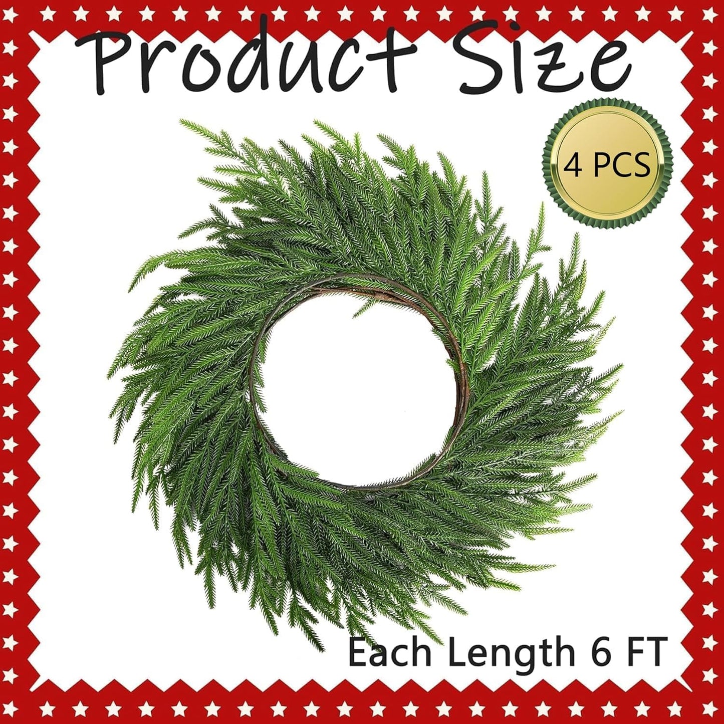 Watayo 4 Pcs Christmas Norfolk Pine Garland, 6 Ft Dense Real Touch Pine Garland Ornament, Realistic Artificial Pines Greenery Garlands for Mantle, Table, Fireplace, Indoor, Outdoor Xmas Decoration