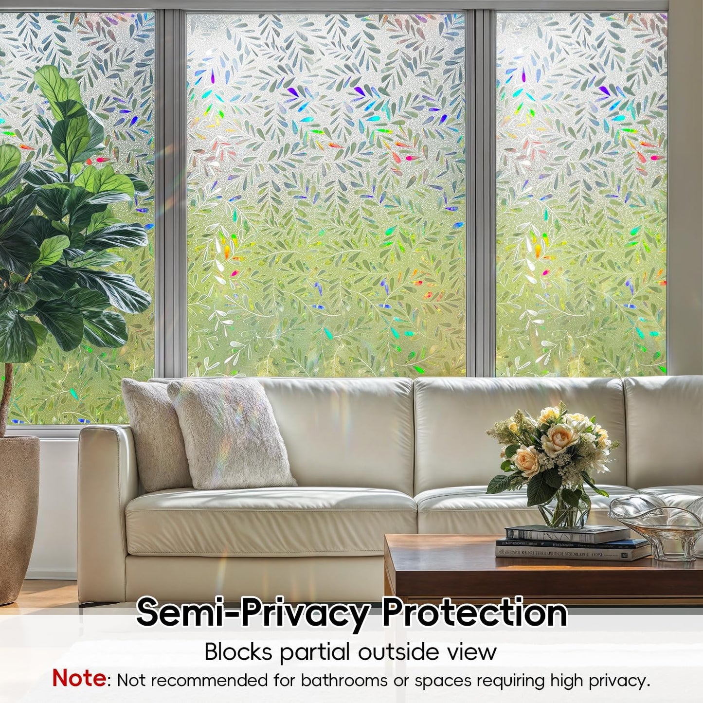 DUOFIRE Window Privacy Film Rainbow Window Film Decorative Leaves Pattern Window Cling Frosted Reusable Anti-UV Non-Adhesive Static Cling Privacy Film for Home Office 35.4 × 78.7 inches