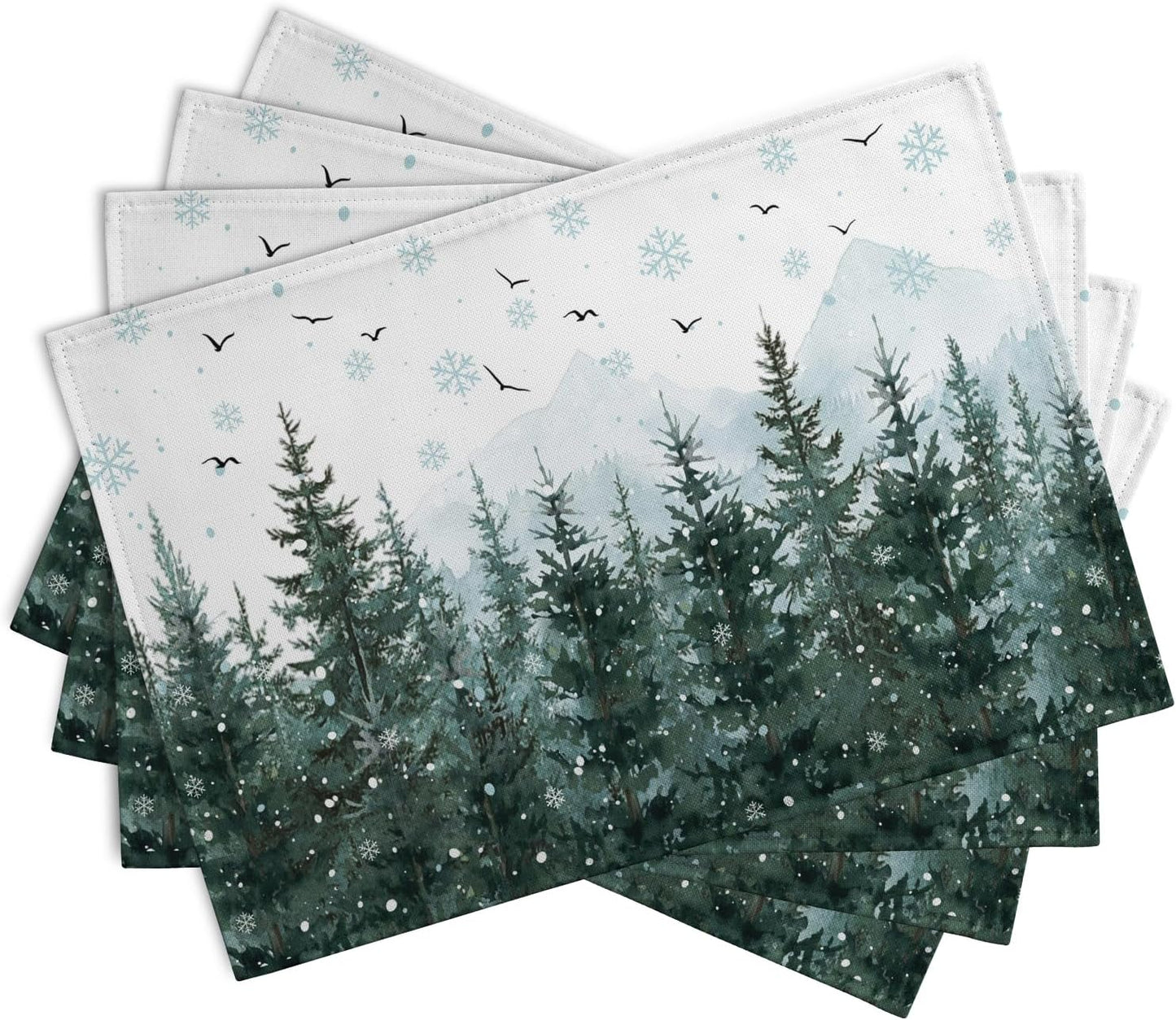 Winter Pine Tree Snowflake Placemats Set of 4 Christmas Snow Green Forest Place Mat 12x18 Inch Seasonal Xmas Holiday Rustic Nature Washable Fabric Table Mats for Farmhouse Kitchen Dining Decoration