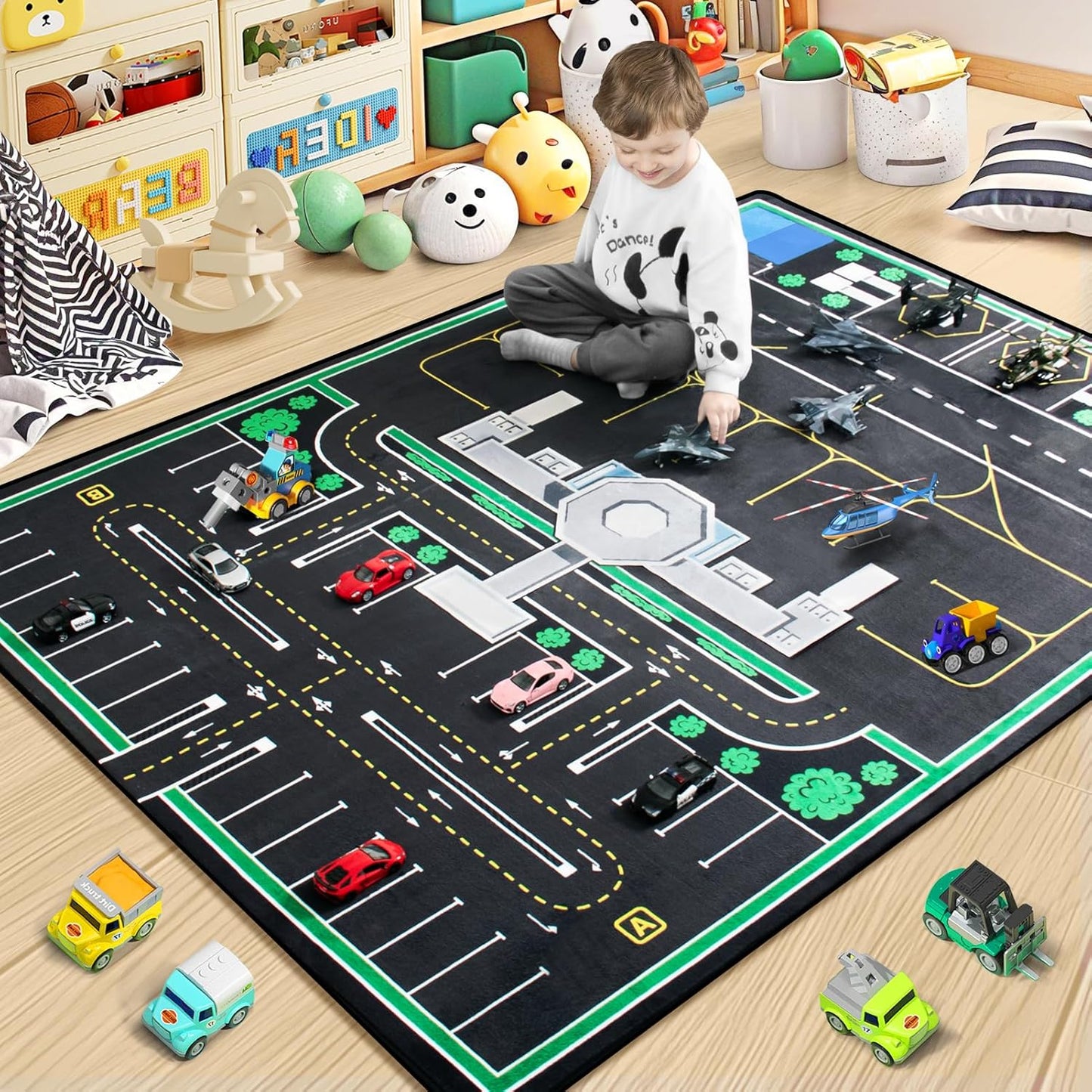 Kids Rug, Road Carpet for Kids with Combined City Road Traffic System, Car Rug and Airport Play Mat, 4x6 Ft Children’s Play Rugs for Playroom, Children’s City Traffic Map Fun Car Mat,Non-Slip