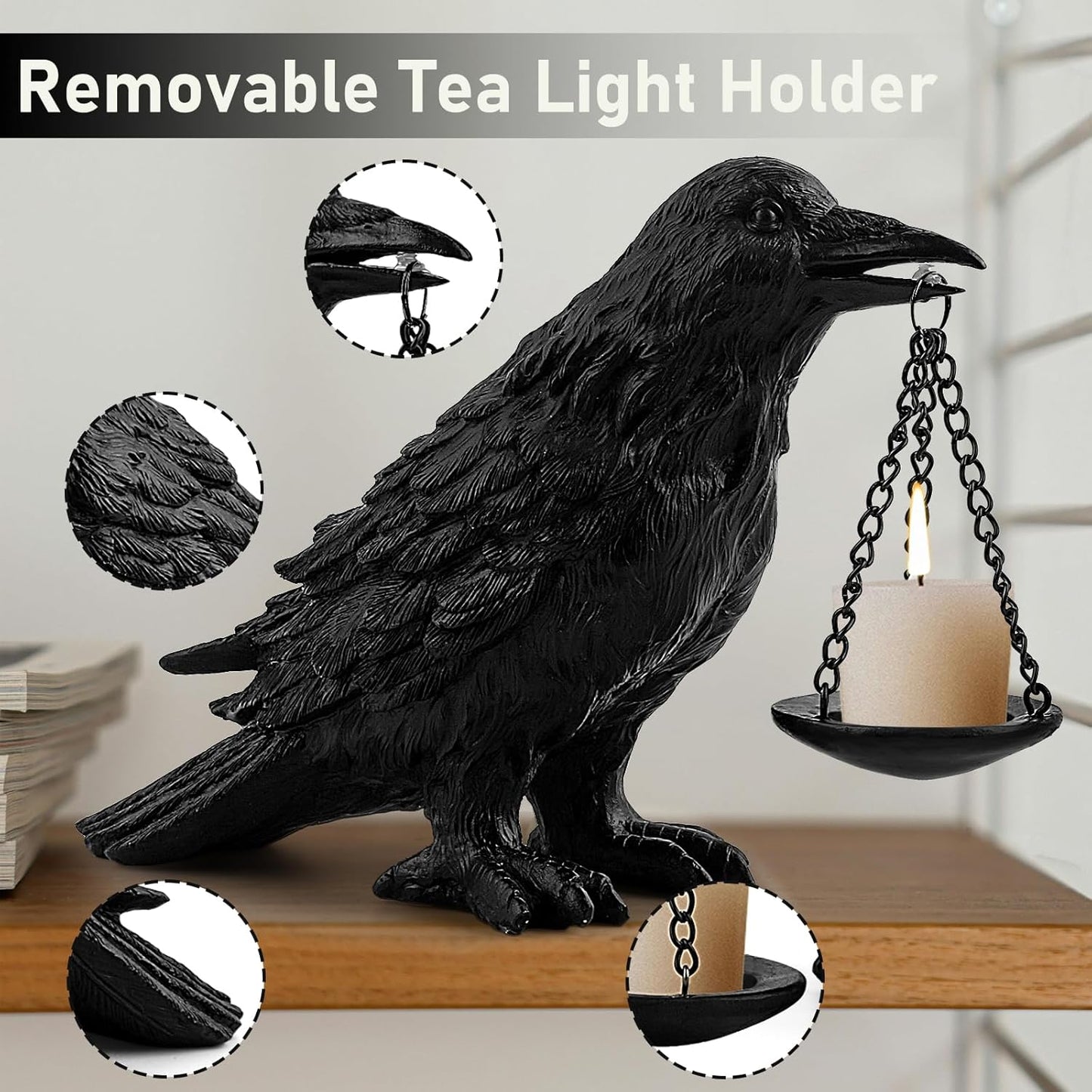 Gothic Home Decor Fake Crow Light Holder Halloween Decorations Indoor Raven Lamp Tealight Candle Holder Resin Statue Black