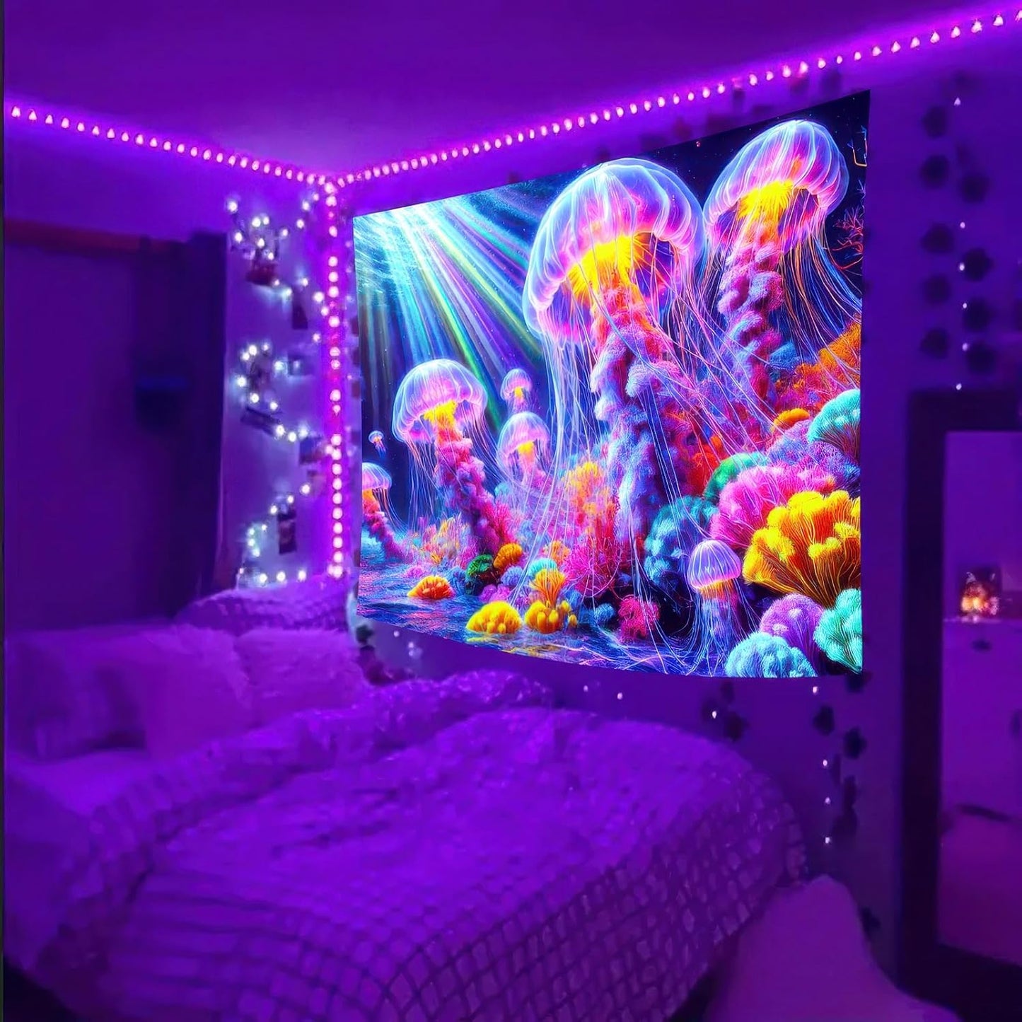 BlissYard Black Light Tapestry UV Reactive Tapestry Glow Tapestry Blacklight Tapestry 78x59 Inches Neon Jellyfish Wall Hanging, Fluorescent Art Decoration with Colorful Sea Life, Oceanic Theme