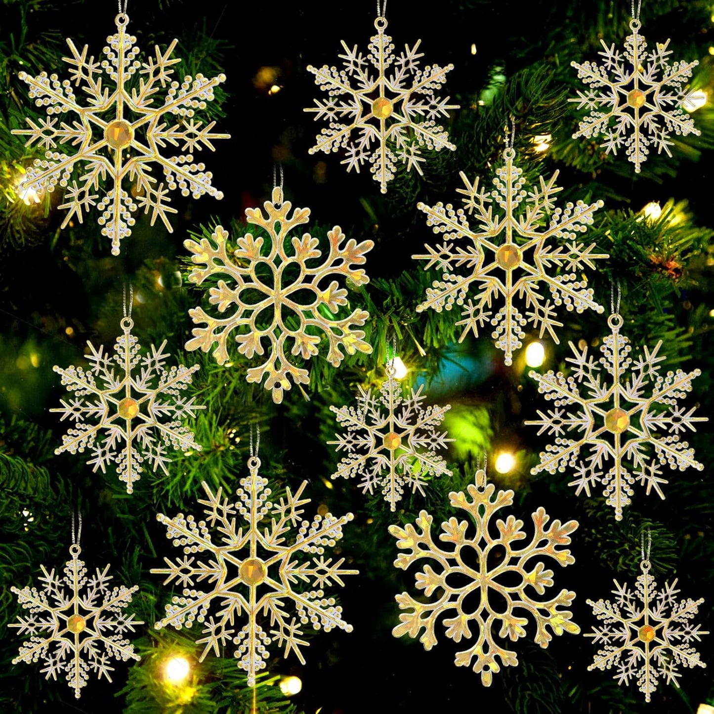 36pcs Gold Shine Christmas Snowflake Ornaments, Plastic Glitter Hanging Snow Flakes for Christmas Tree Decorations Winter Wonderland Frozen Birthday Party Holiday Home Decor