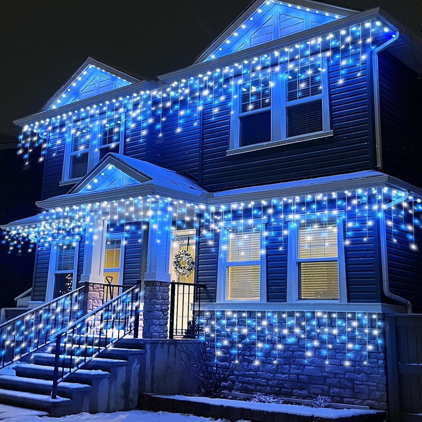 33ft Blue and White Christmas Lights, 400 LED Icicle Lights for Outside, Clear Wire Connectable Twinkle Lights with 8 Modes Timer Waterproof for House Window Party Tree Holiday Patio Yard Home Decor