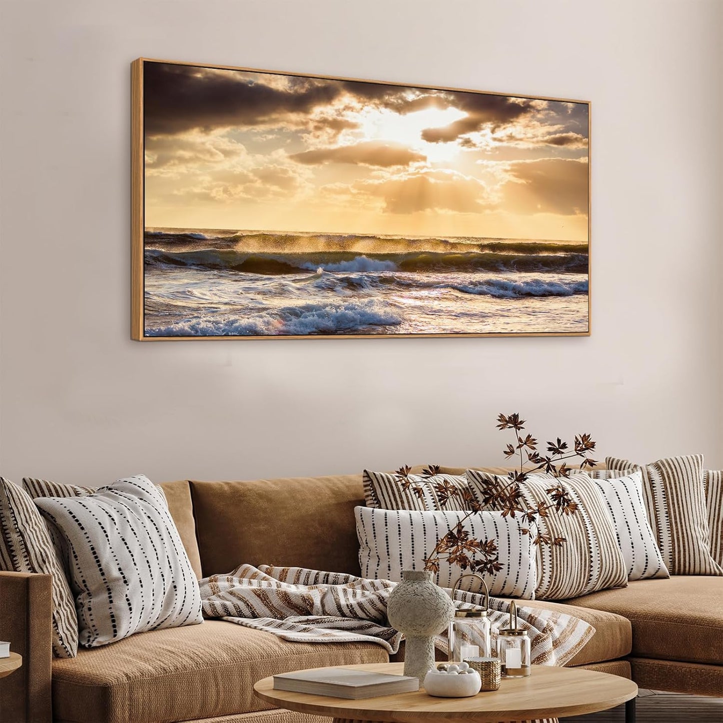 Framed Sunset Ocean Wall Art - Canvas Wall Decor Glow Sea Scene Nature Landscape Prints Sunset Over the Ocean Painting Artwork Living Room Bedroom Office Home 24" x 48"